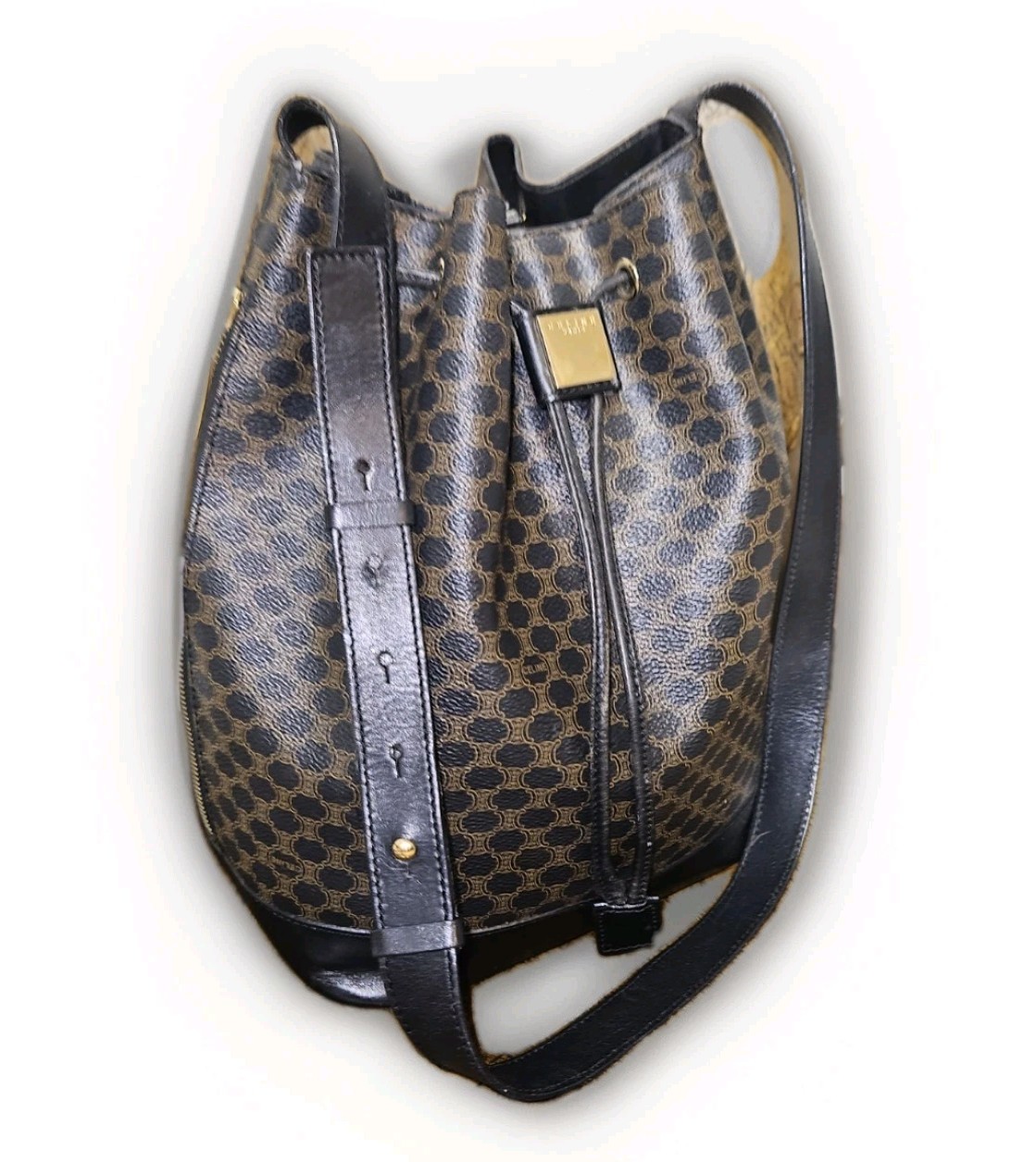 Vintage Celine Macadam Drawstring Bucket Bag Black/Tan Black Leather Trim