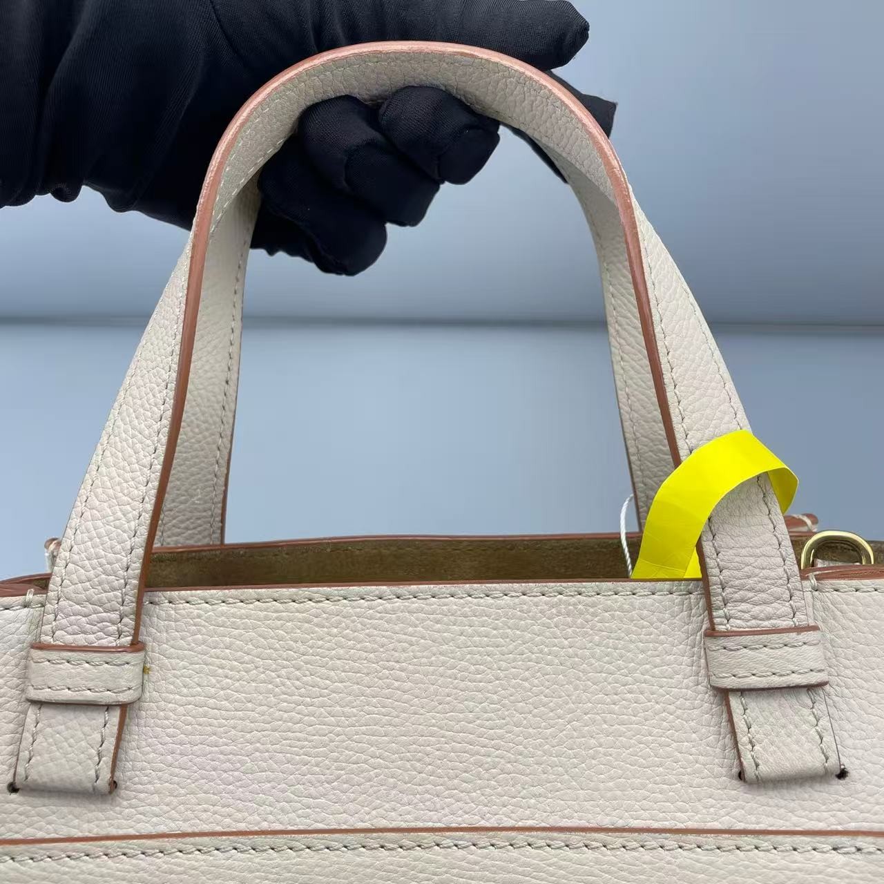 Auth Loewe Small White Grained Calfskin Leather Gate Top Handle Bag Crossbody