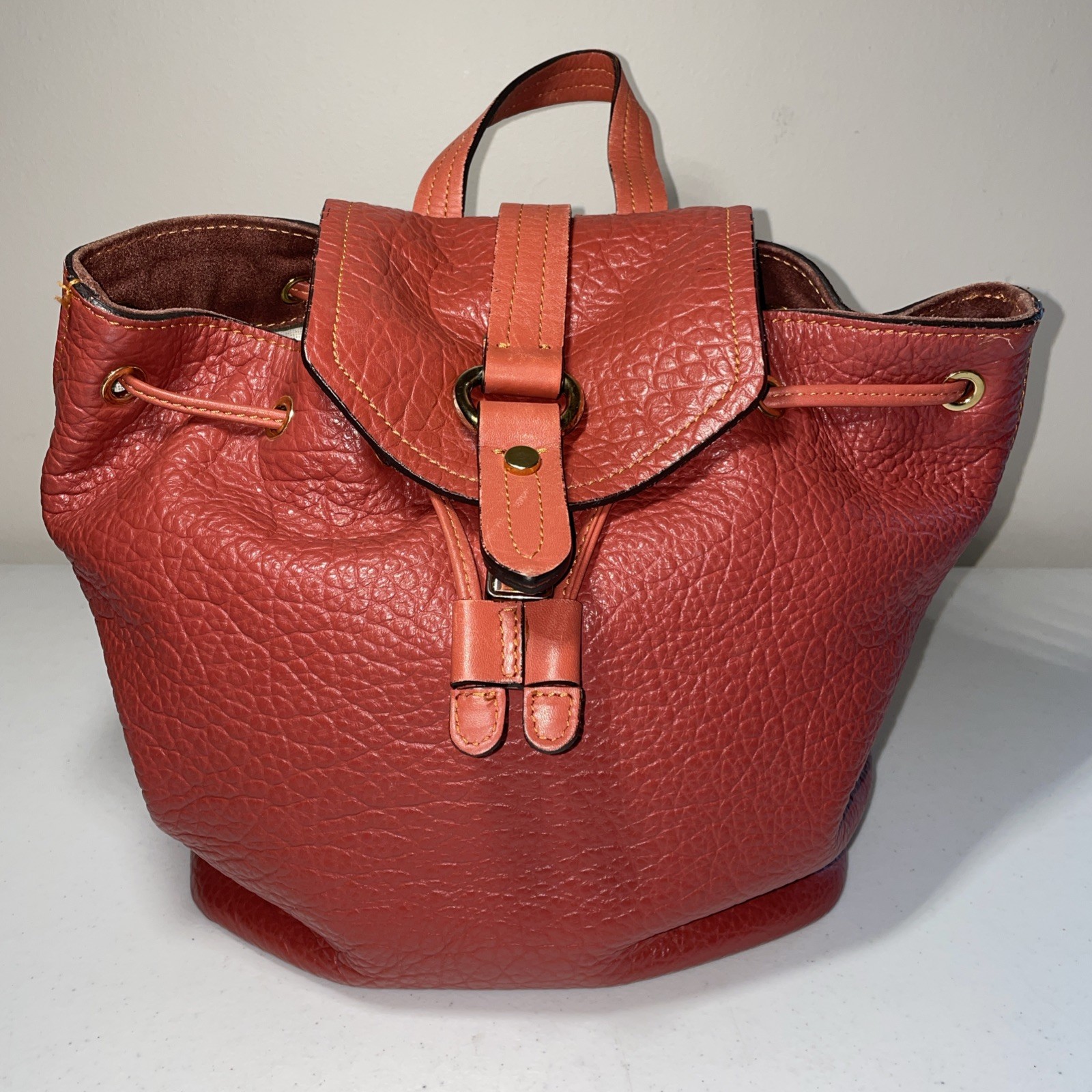 A. Bellucci Made in Italy Genuine Leather Reddish Drawstring Flap Backpack Purse