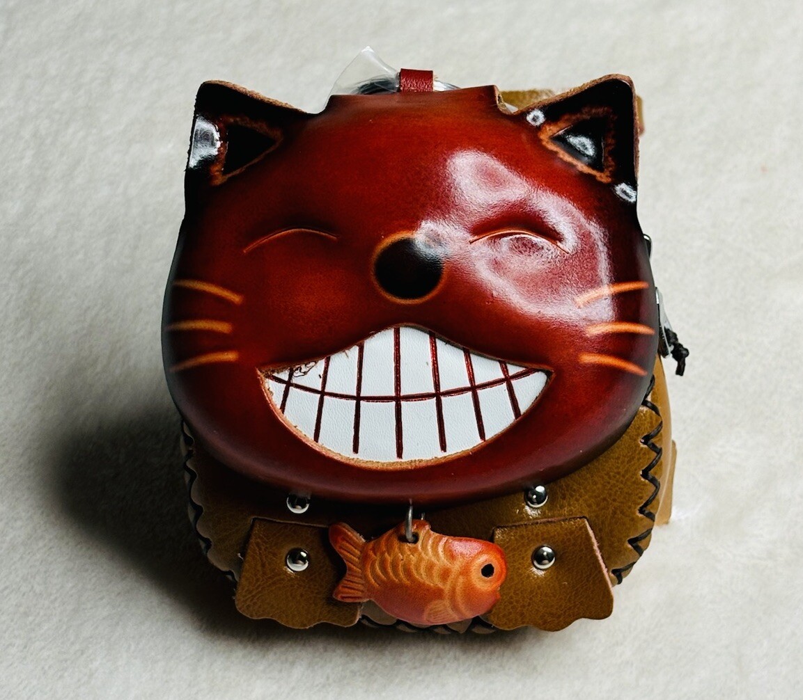 Handmade Leather Red Cat Fish Face Pouch Wristlet High Quality Zipper Mini Bag
