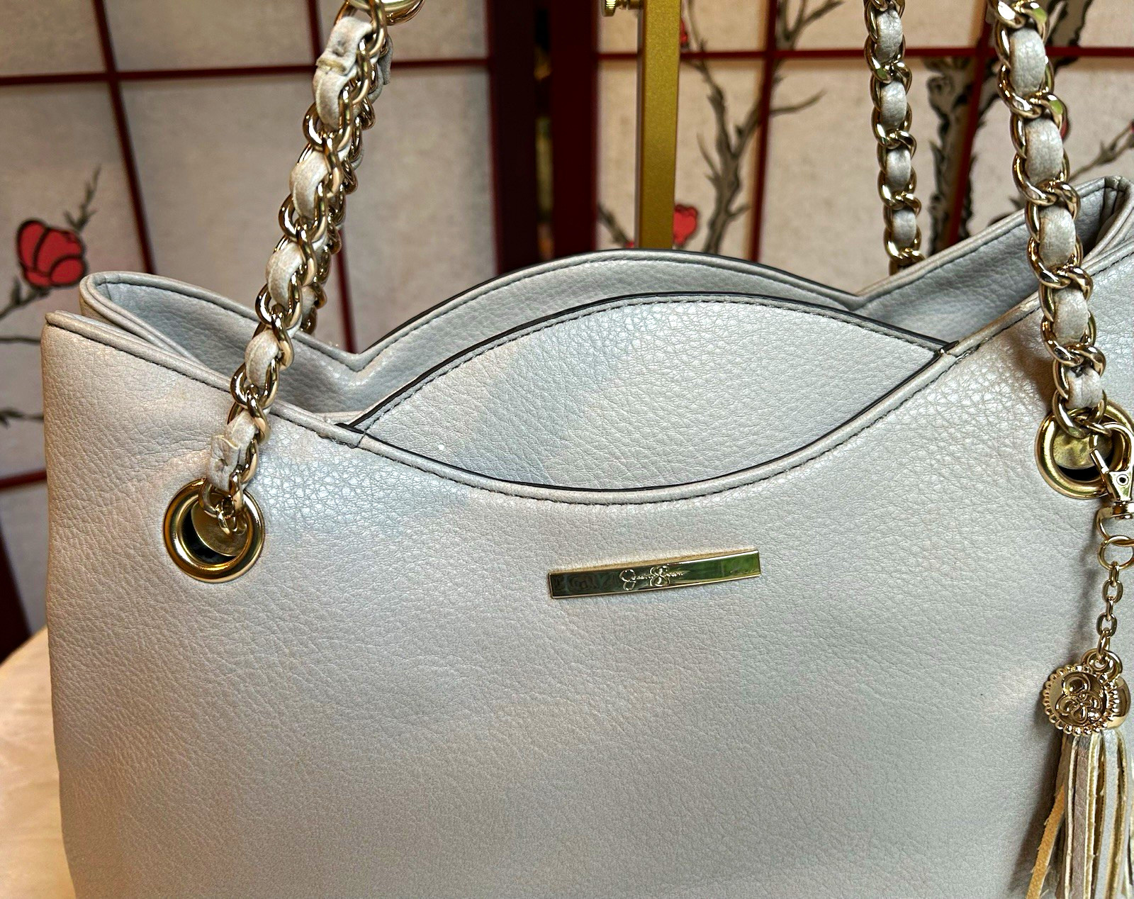 Jessica Simpson Gray Pebbled Shoulder Bag Zip Gold Hardware Chain Tassel Charm