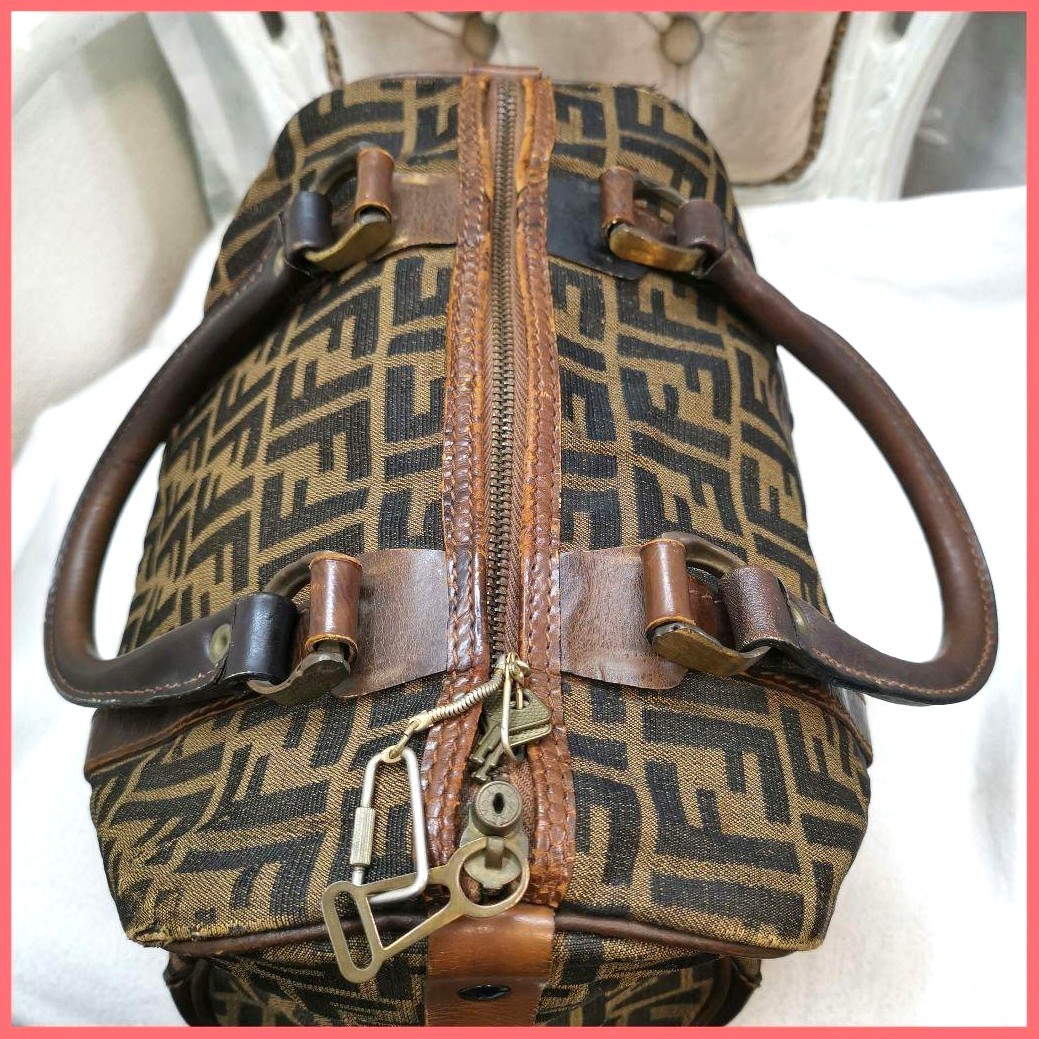 FENDI Zucca FF Monogram Boston Handbag Brown Canvas Leather Vintage Italy 28cm