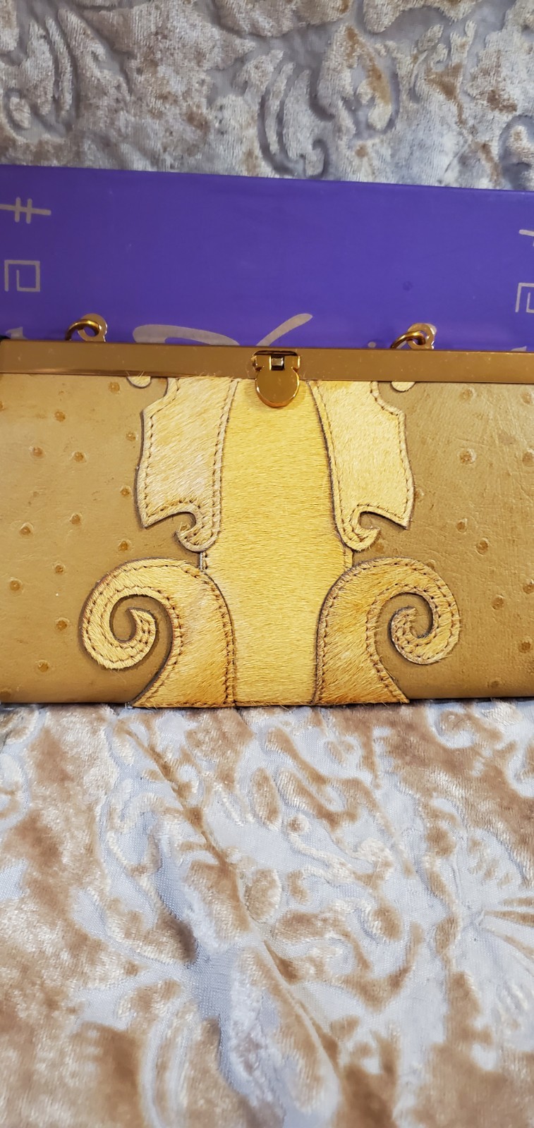 NWT Sharif 1827 Chain Wallet/ Clutch Purse Ostrich Haircalf Gold Leather