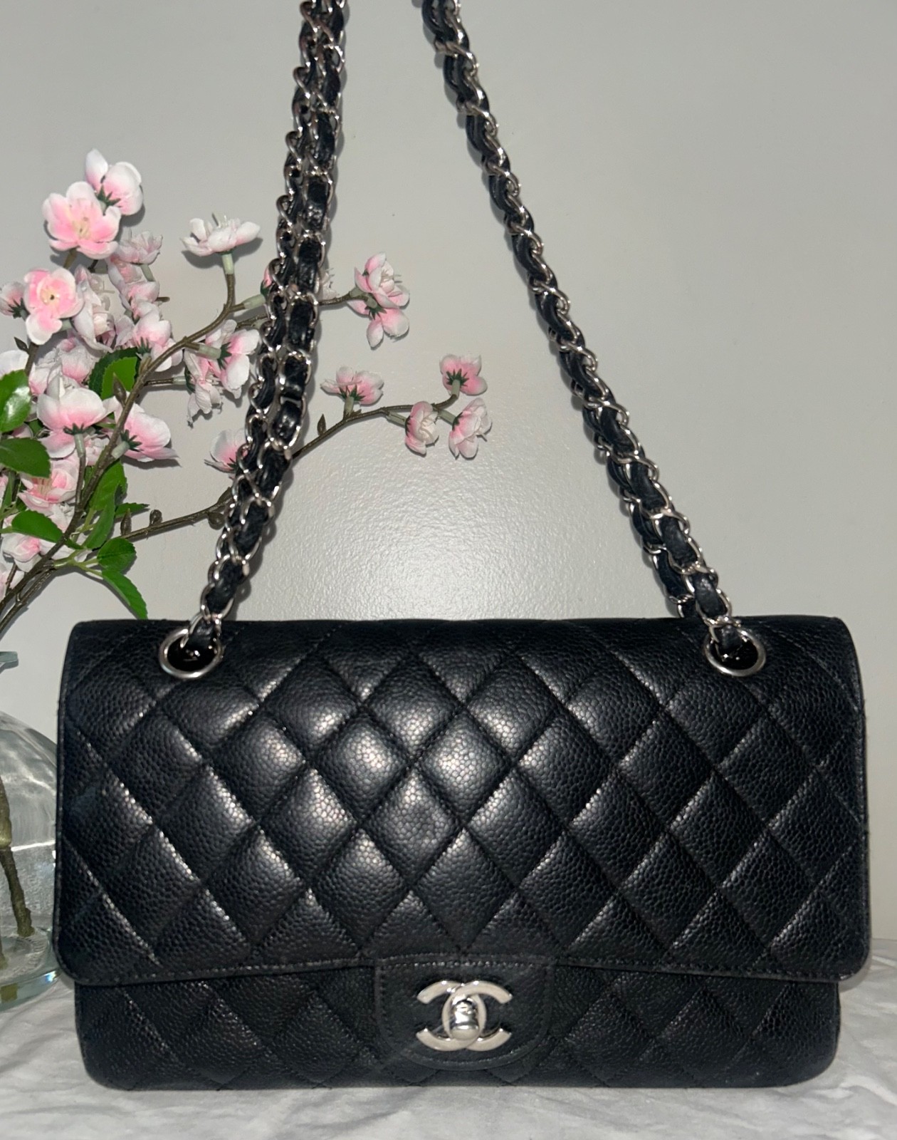 CHANEL Medium Classic Double Flap Caviar Quilted Handbag Black