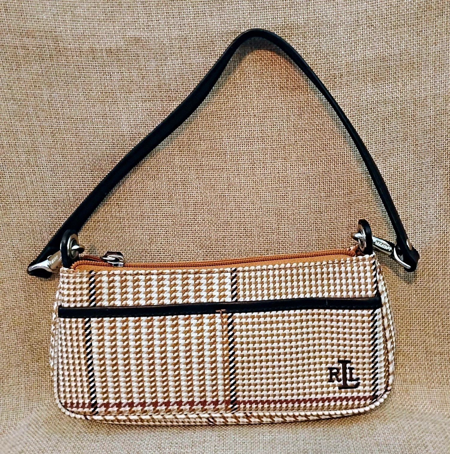 Lauren Ralph Lauren Brown/White Houndstooth Shoulder Bag Zip Top Black Strap