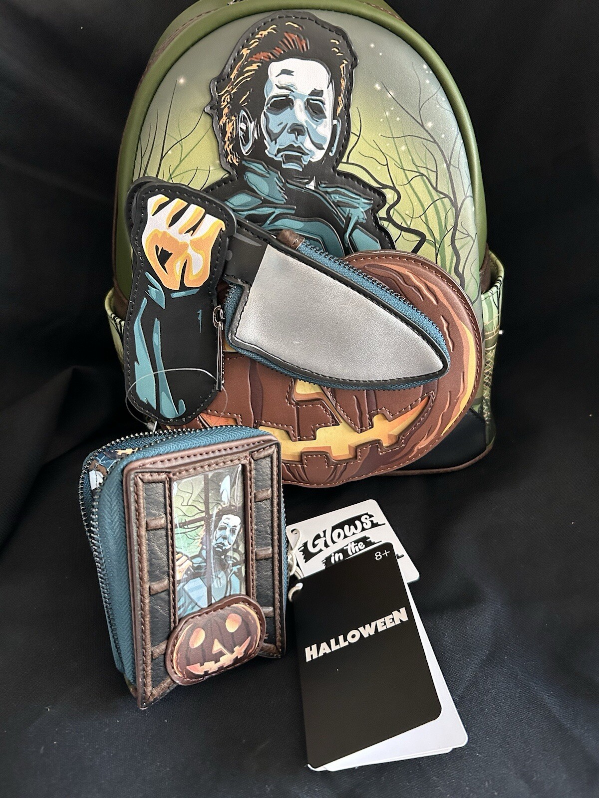 Loungefly Halloween Michael Myers Pumpkin Glow Mini Backpack and WALLET SET