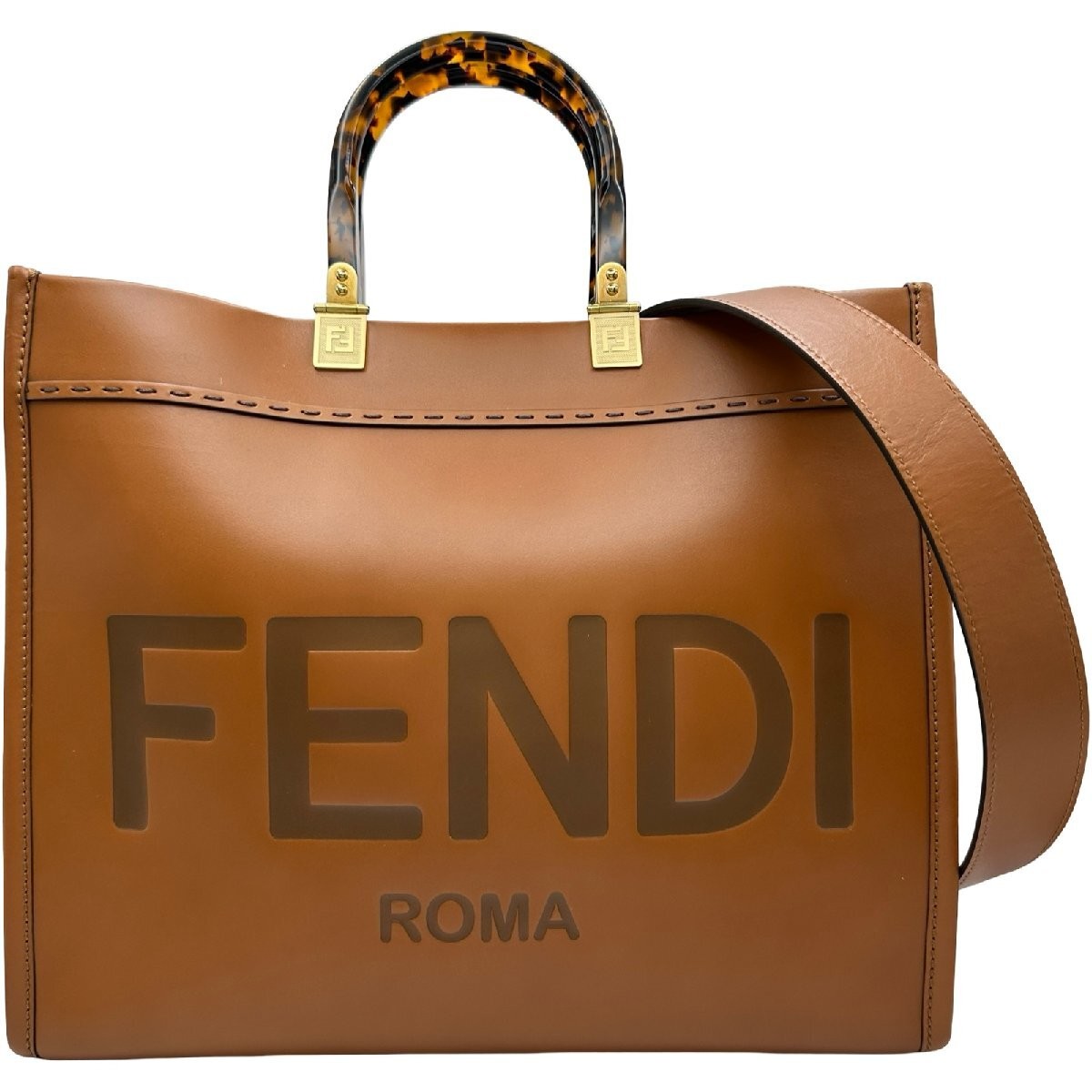 FENDI Sunshine Medium 8BH386 Brown Calf Leather Tote Bag Ladies Used