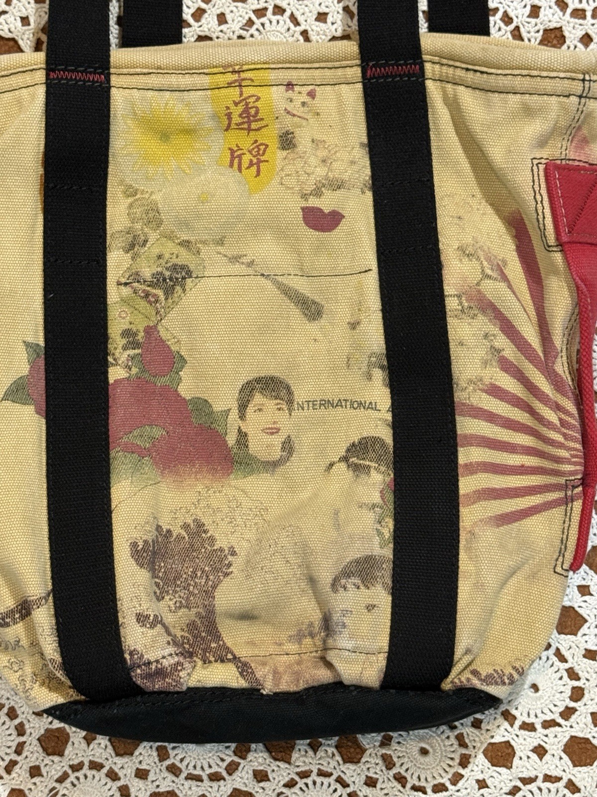Lucky Brand Canvas Tote Bag Geisha Japanese Art Y2K Grunge Retro Funky