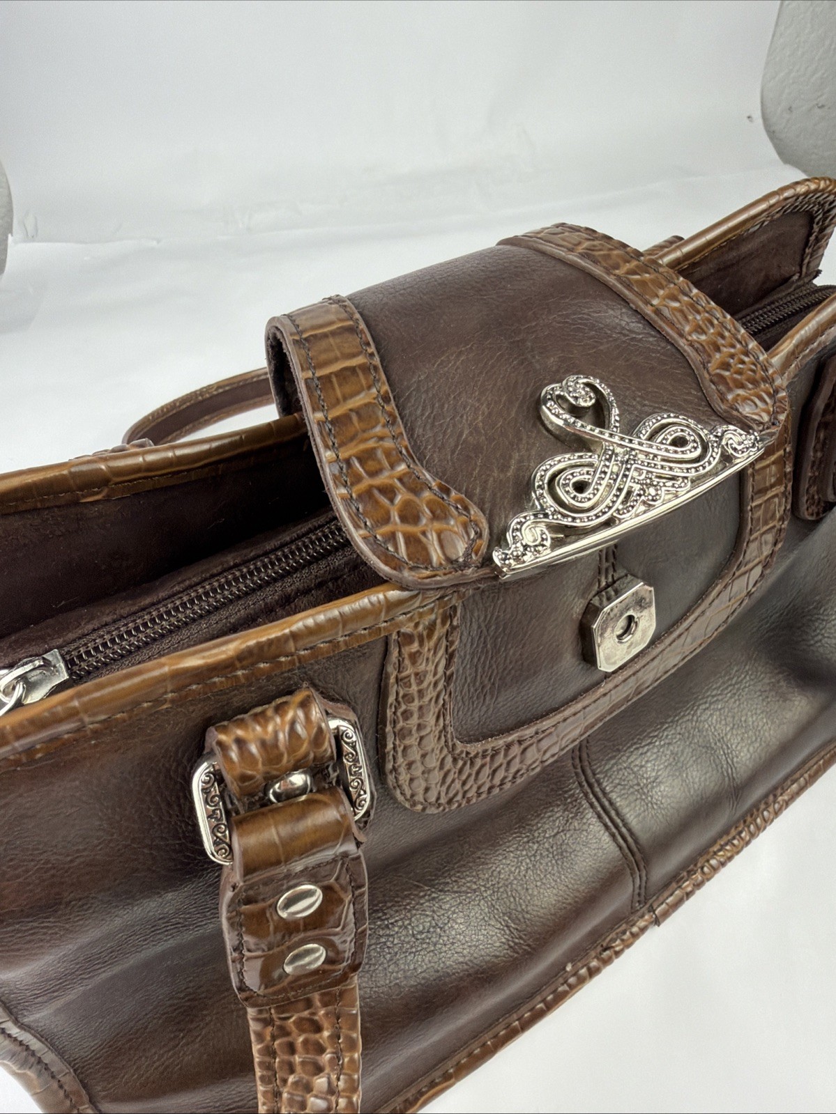 Marc Chantal (M.C.) Croc-Embossed Brown Leather Shoulder Bag 11.5x7x5.25in