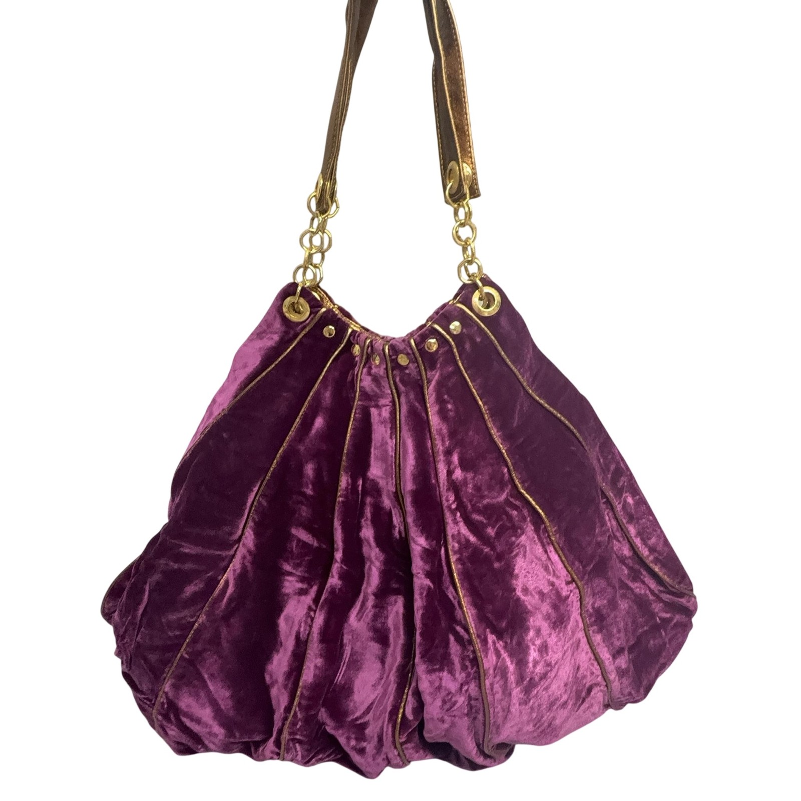 Bliss Shoulder Bag Womens Large Purple Velvet Hobo Purse Gold Metallic Strap