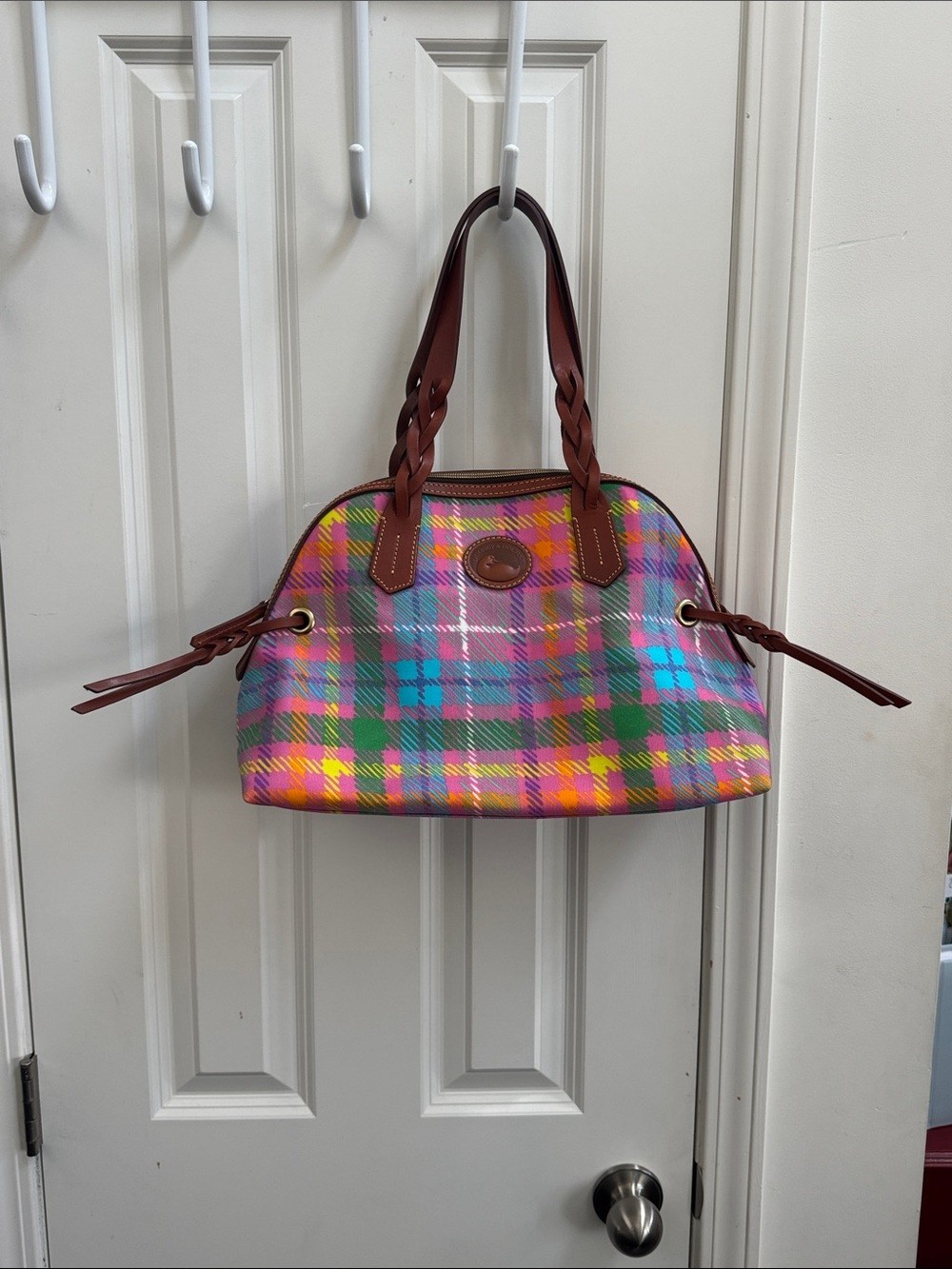 Dooney & Bourke Multicolor Plaid Satchel with Brown Trim