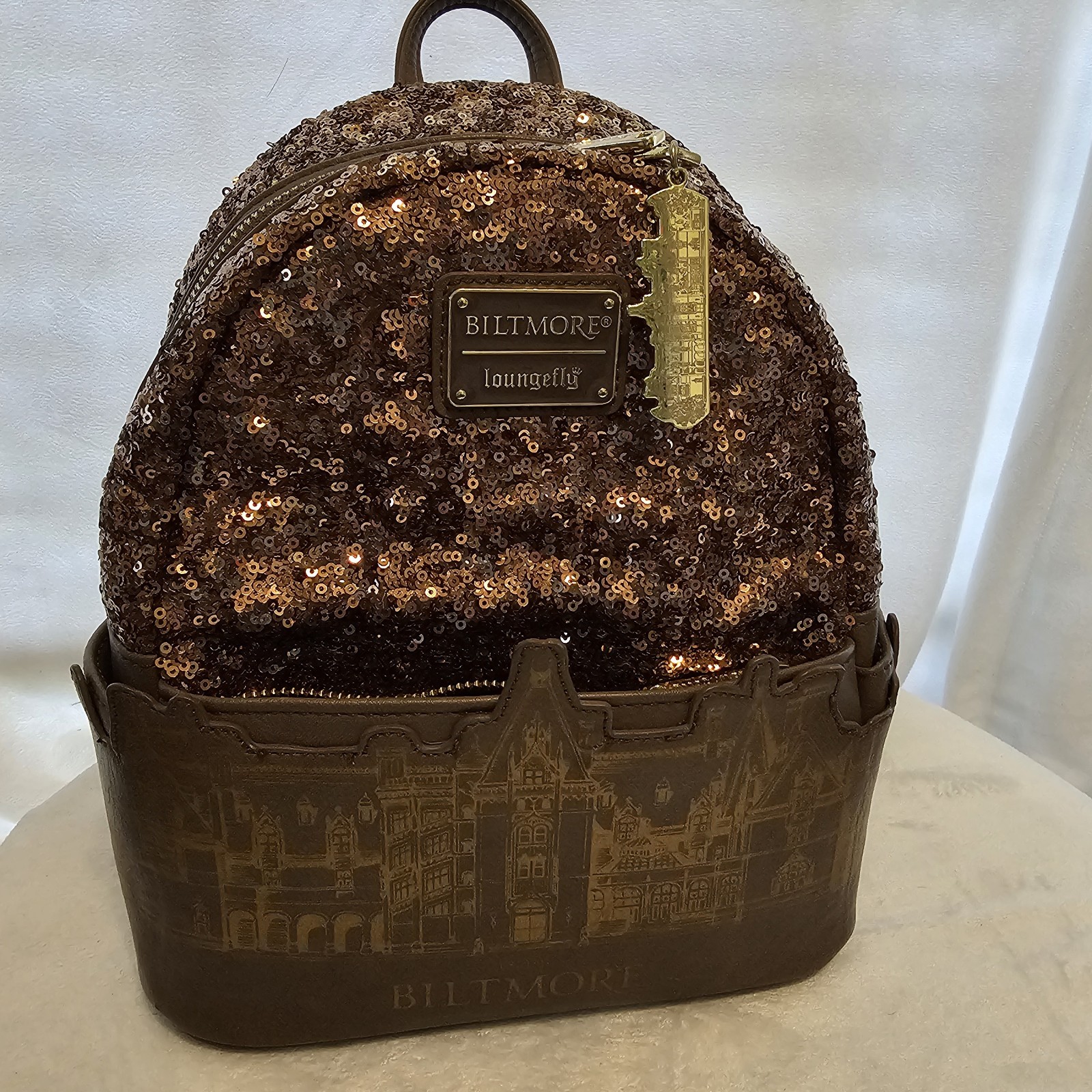 Loungefly Biltmore Brown Sequin Backpack Gold Hardware Bag Charm 10×9.5x5in EUC