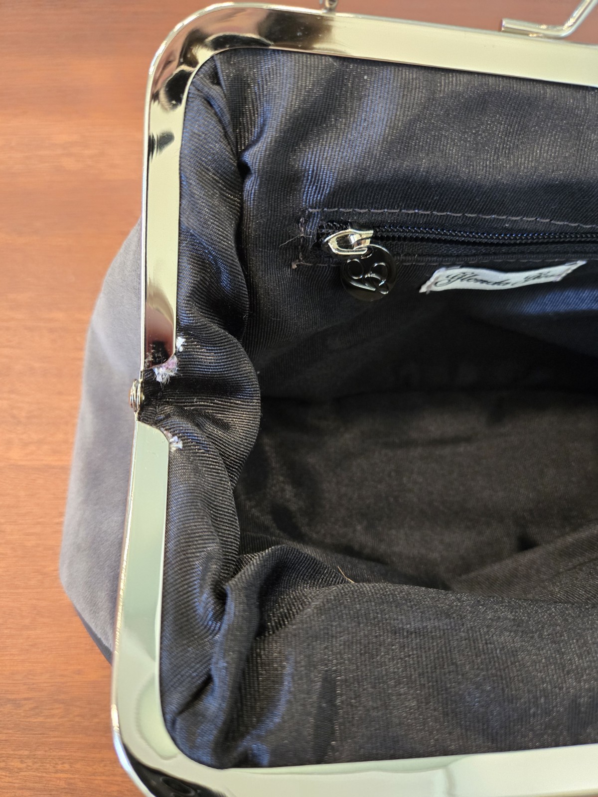 Glenda Gies Gray Chenille Handbag Silver And Black Leather Accents