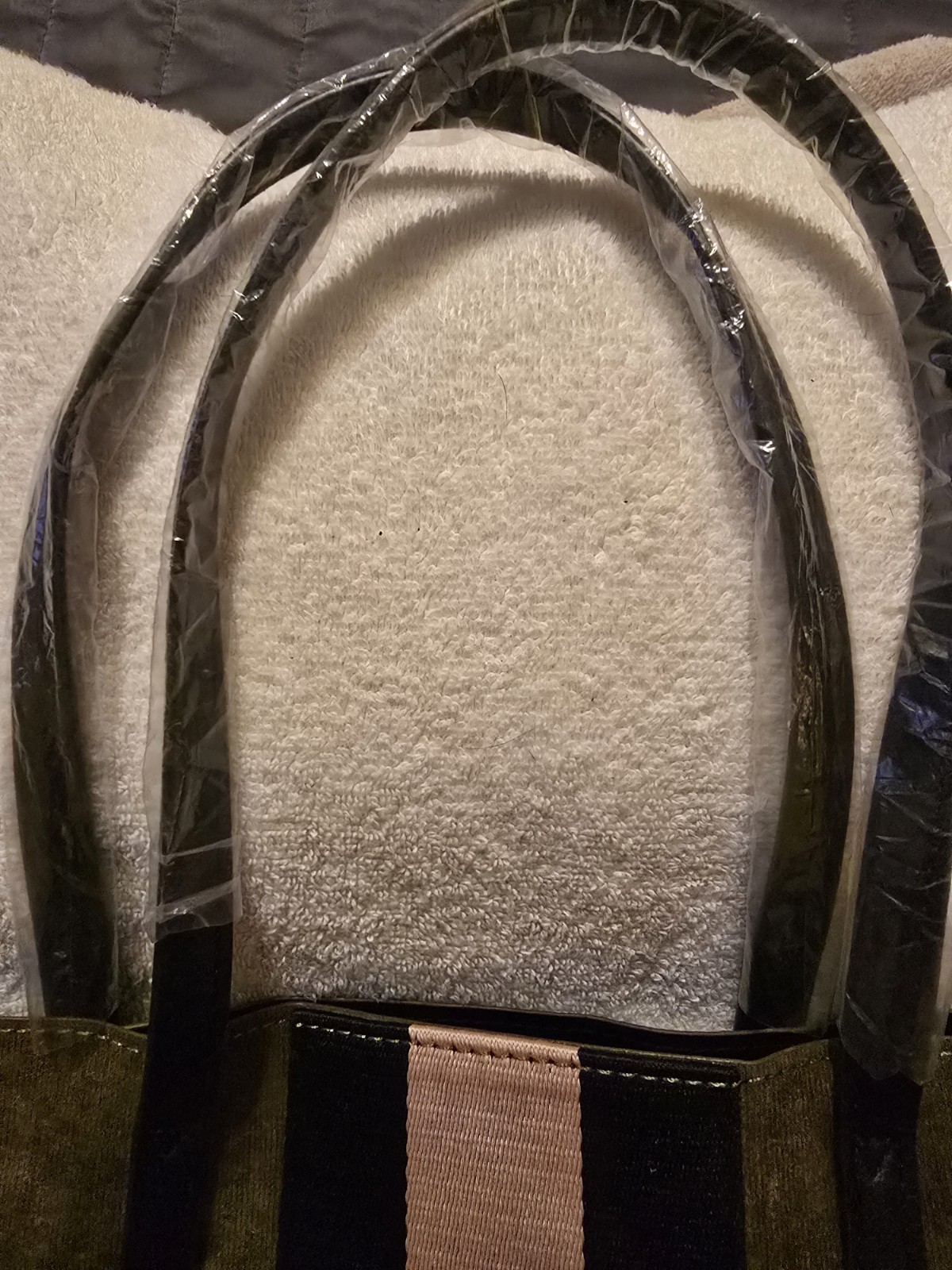 Neiman Marcus Olive Tote Bag Pink & Black Stripe