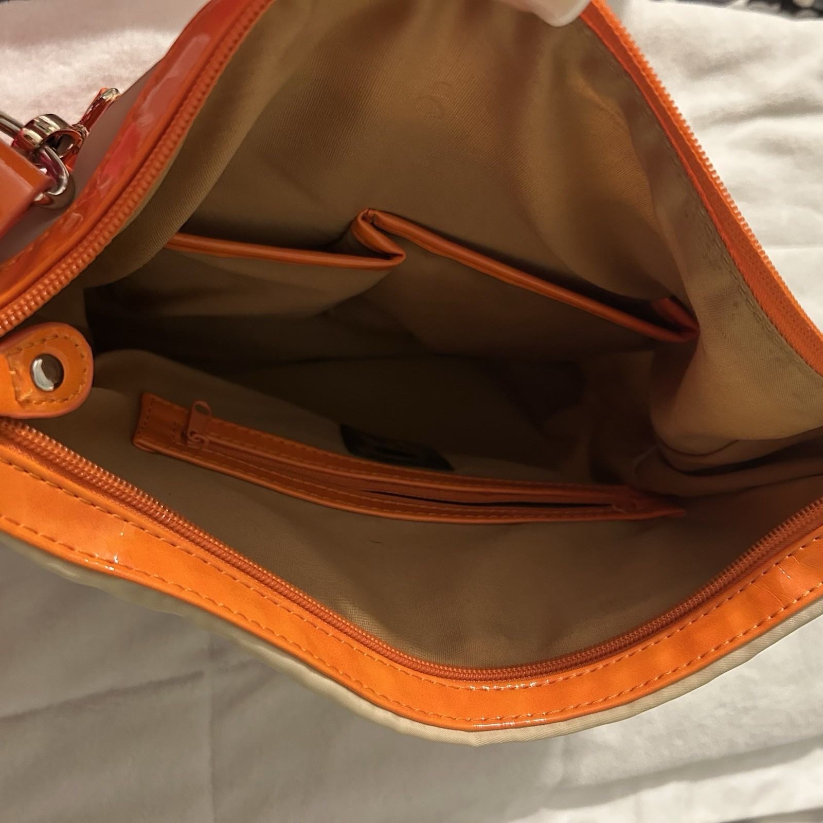 Sondra Roberts Beige Nylon and Orange Cutout Shoulder Bag