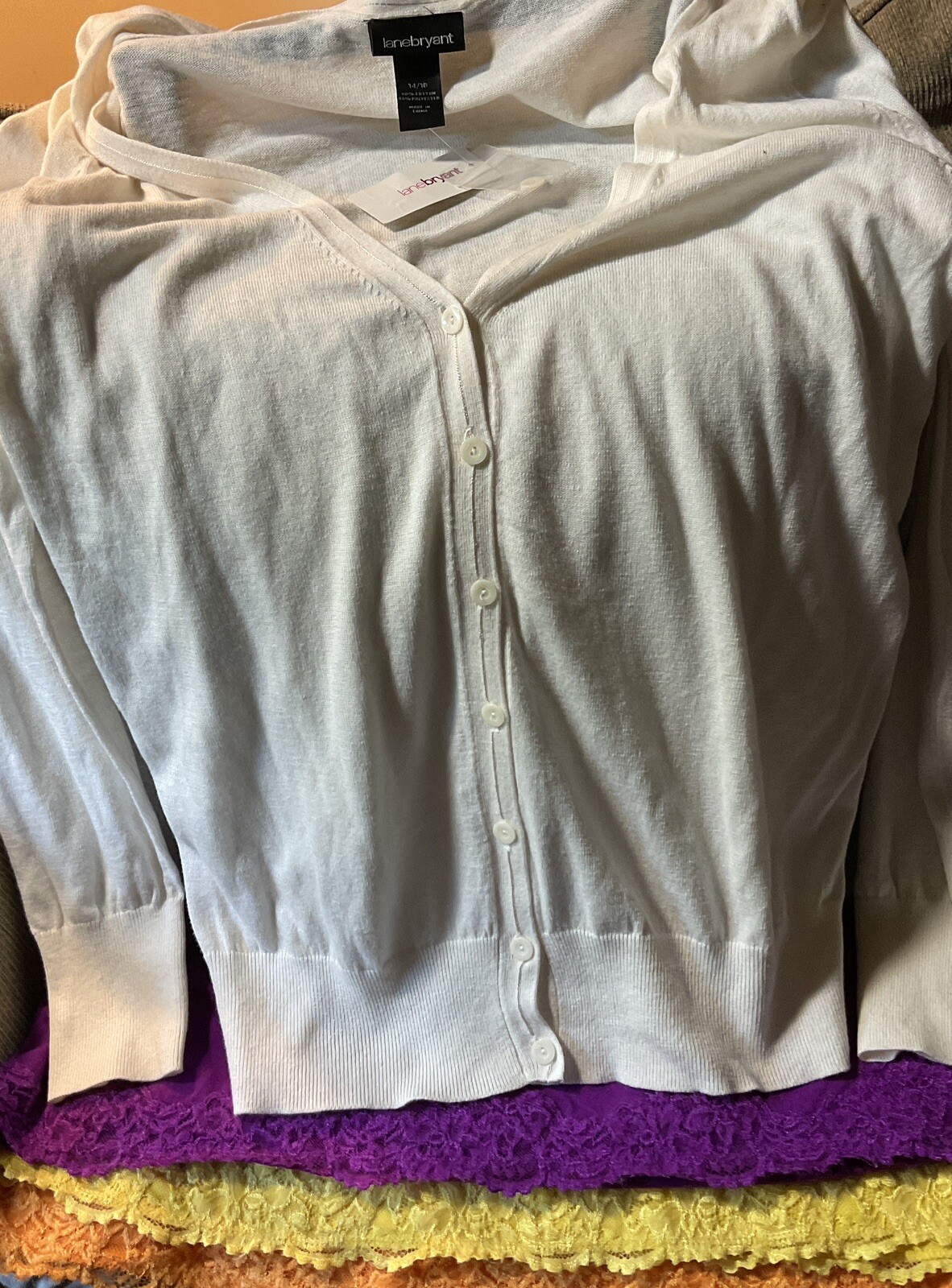 Lane Bryant Plus Ivory Cotton Polyester Button Down Long Sleeve Long Sweater