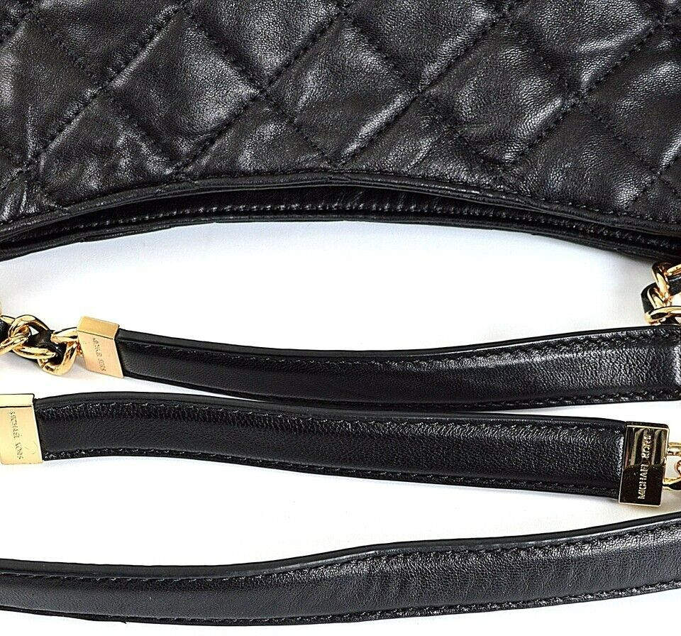 🌞MICHAEL KORS SUSANNAH BLACK QUILT LEATHER GOLD LOGO MEDIUM SHOULDER BAG🌺NWT!