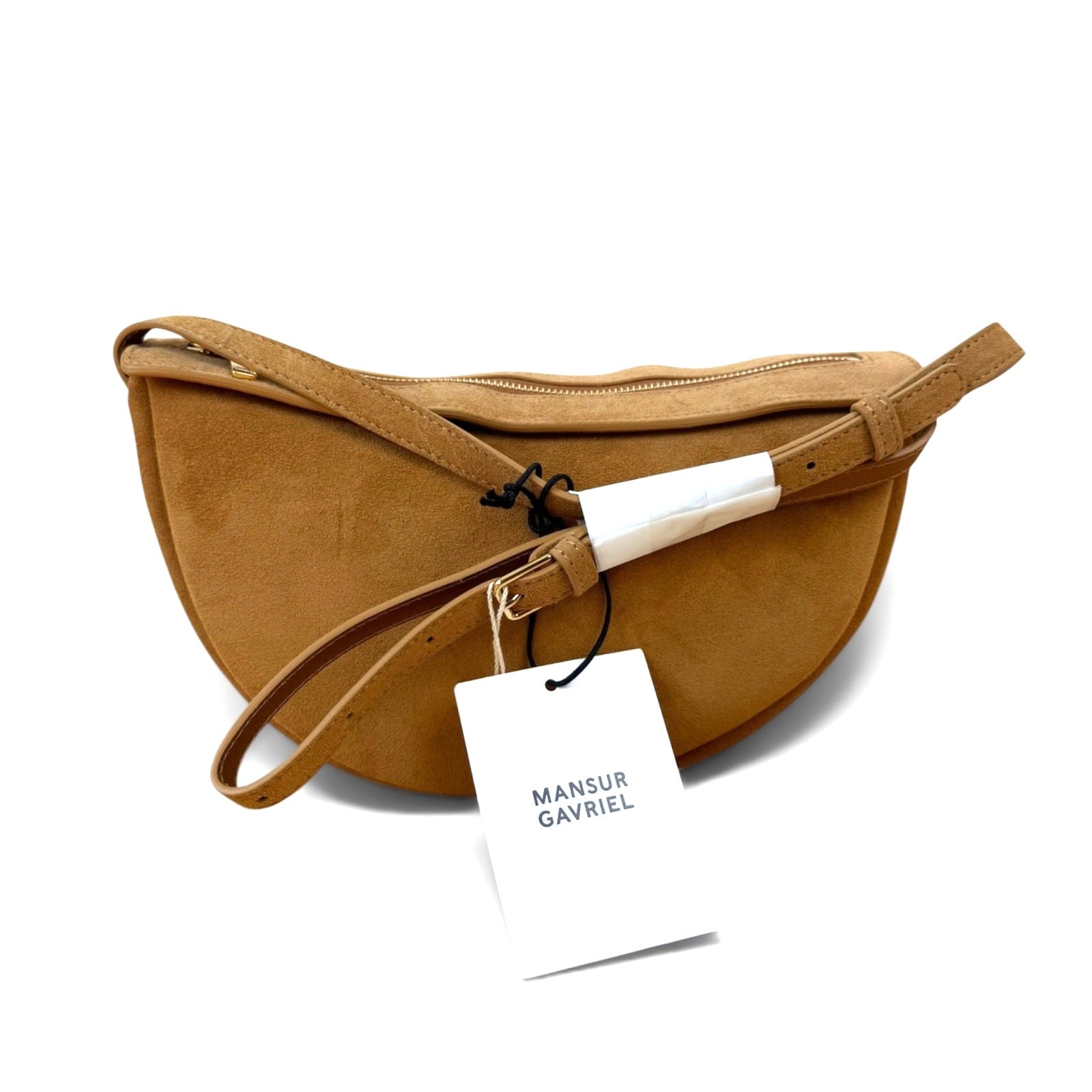 NWT Mansur Gavriel Moon Crossbody Sling Bag Caramel Suede Leather Crescent