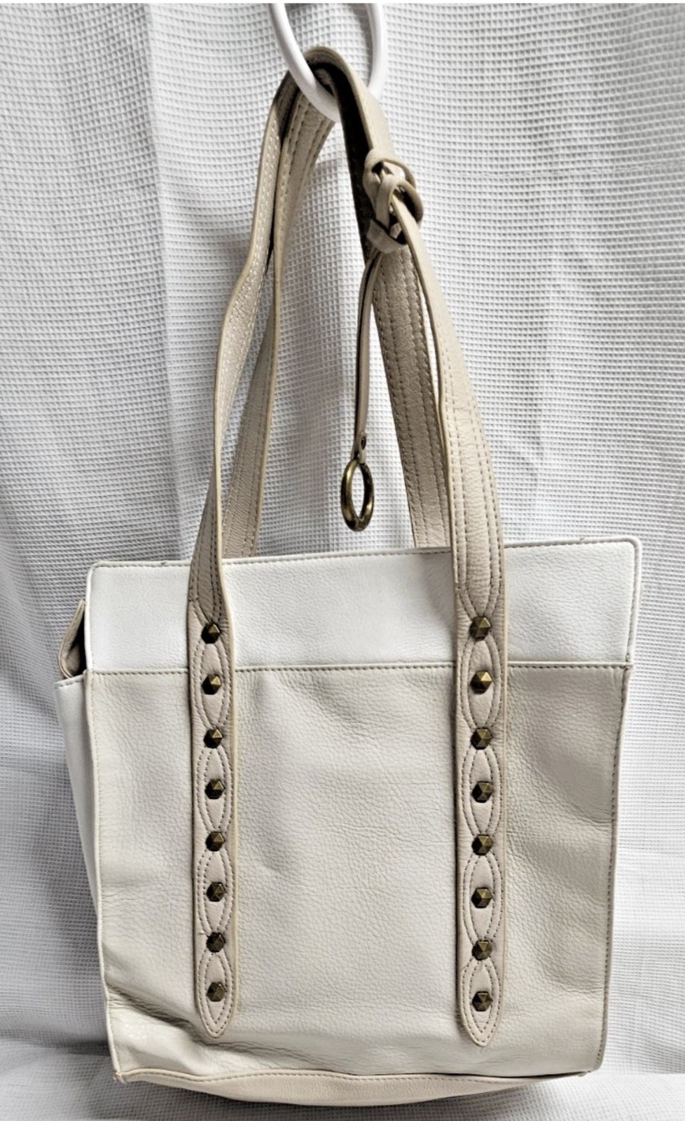 Andrea Jovine Women Cream Tan Leather Handles Shoulder Market Bag Tote Purse