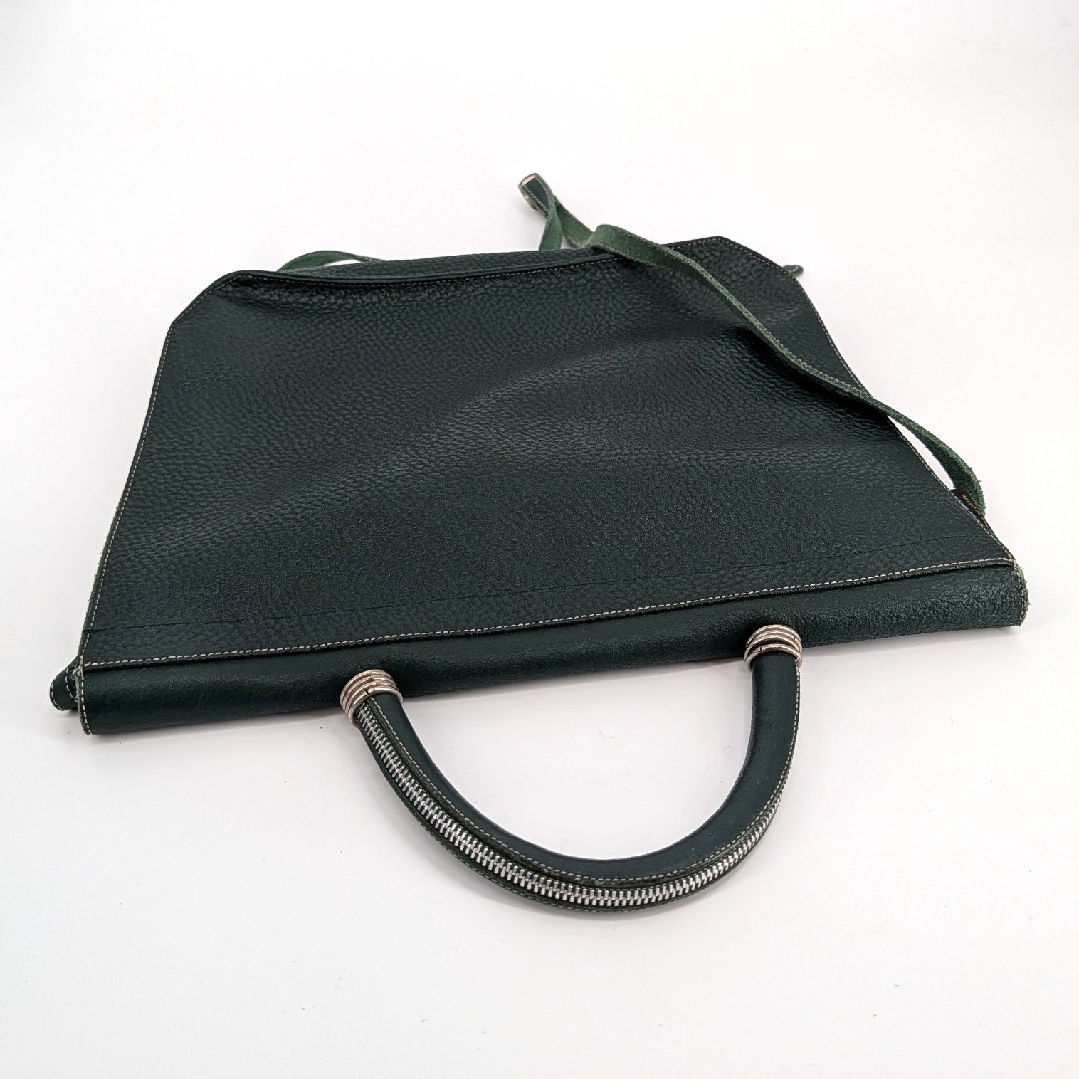 Paquetage Paris Green Pebbled Leather Satchel Bag Made in France Vintage