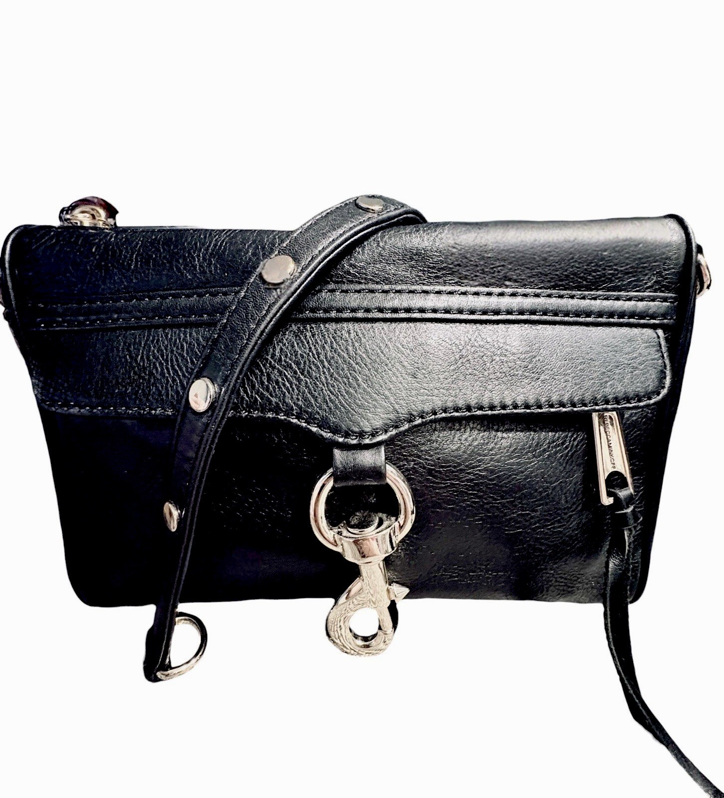 Rebecca Minkoff Mini MAC Crossbody Black Pebbled Leather Gold Chain Tassel Bag