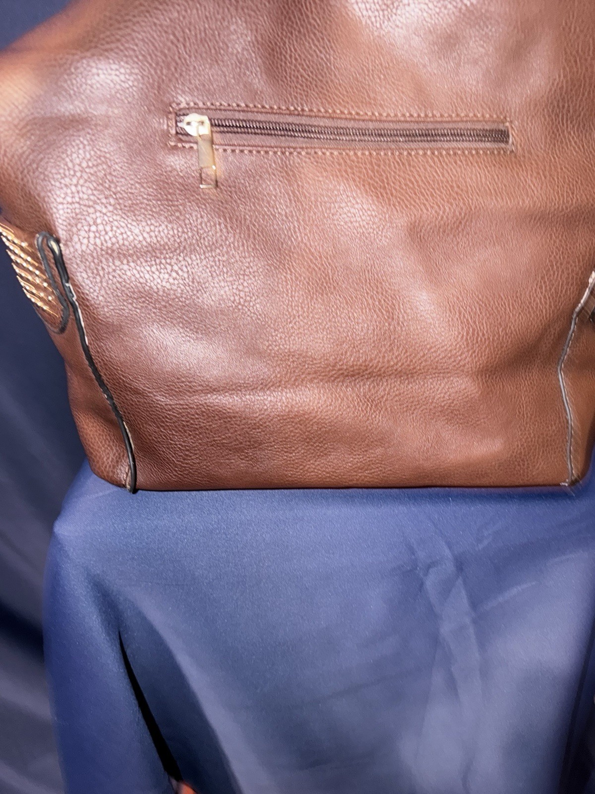 Large Brown Pebbled Satchel Top Handle Bag Zip Closure Studded Pockets Gold