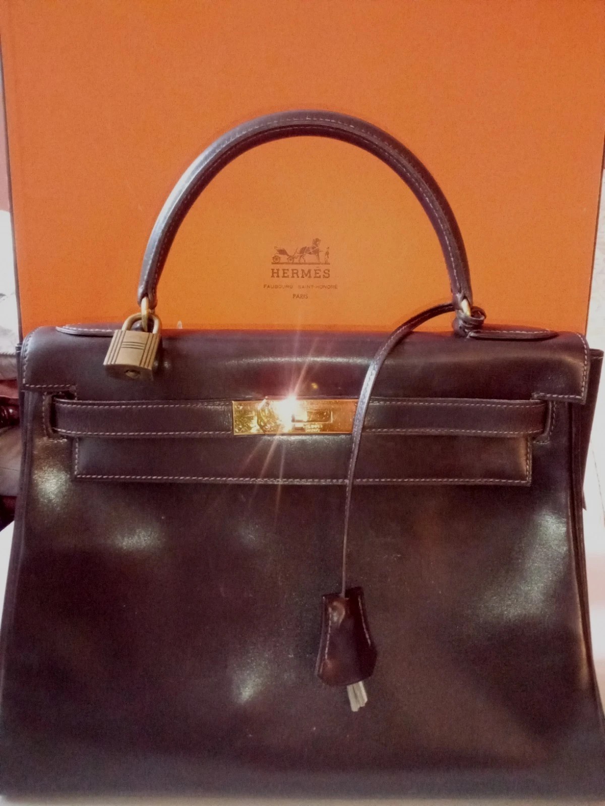 AUTHENTIC HERMES KELLY 28 VTG ’88 BROWN Calf Leather Purse Women’s Original Box,