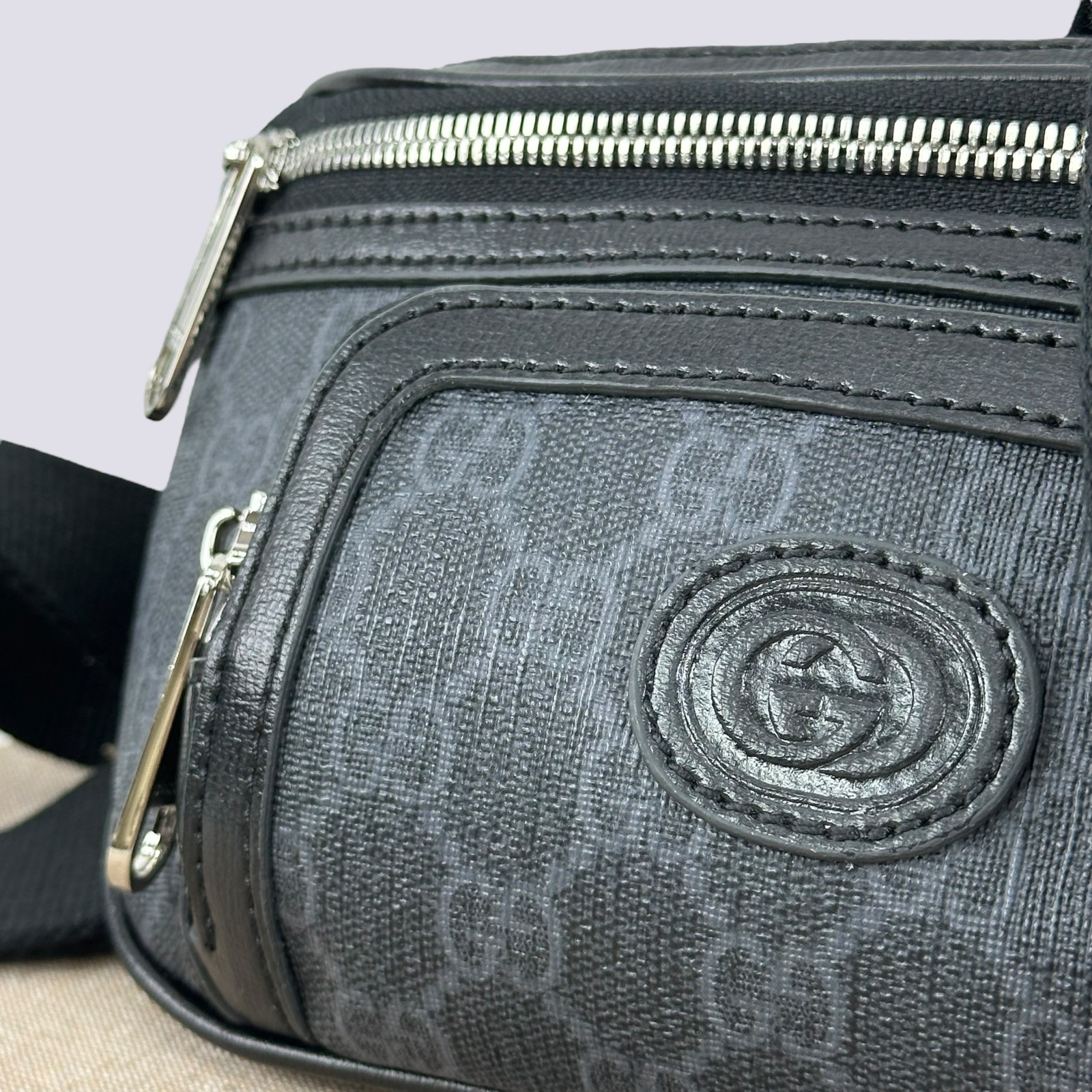 Gucci GG Monogram Interlocking G Canvas Leather Crossbody Belt Bag Black 682933