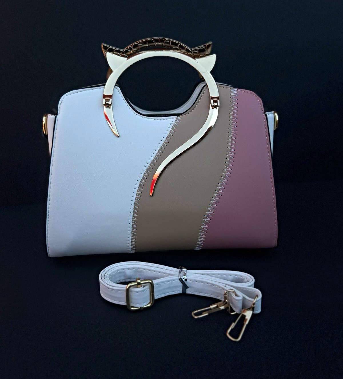 Light Blue Gray Purple Colorblock Small Cat Satchel Top Handle Zip Gold Strap