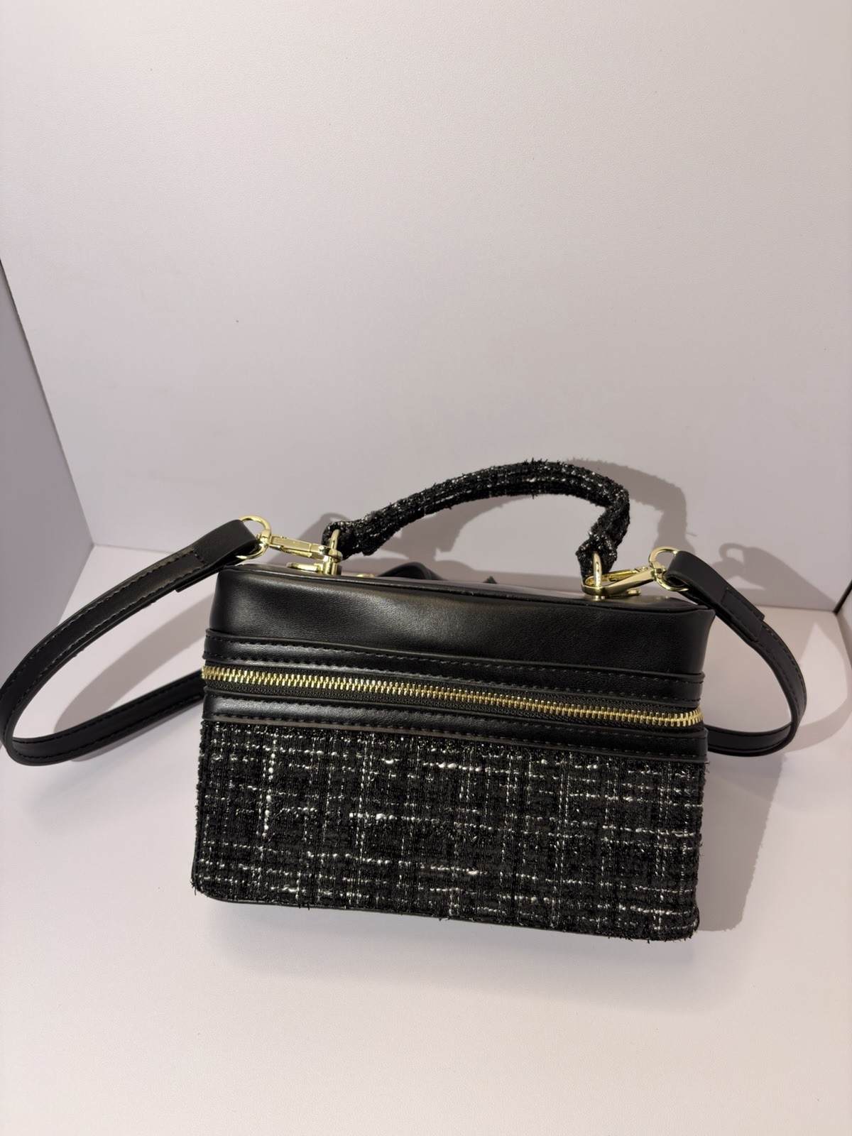 Black Plaid Rectangle Top Handle Crossbody Bag Gold Hardware Zip w/ Det Strap