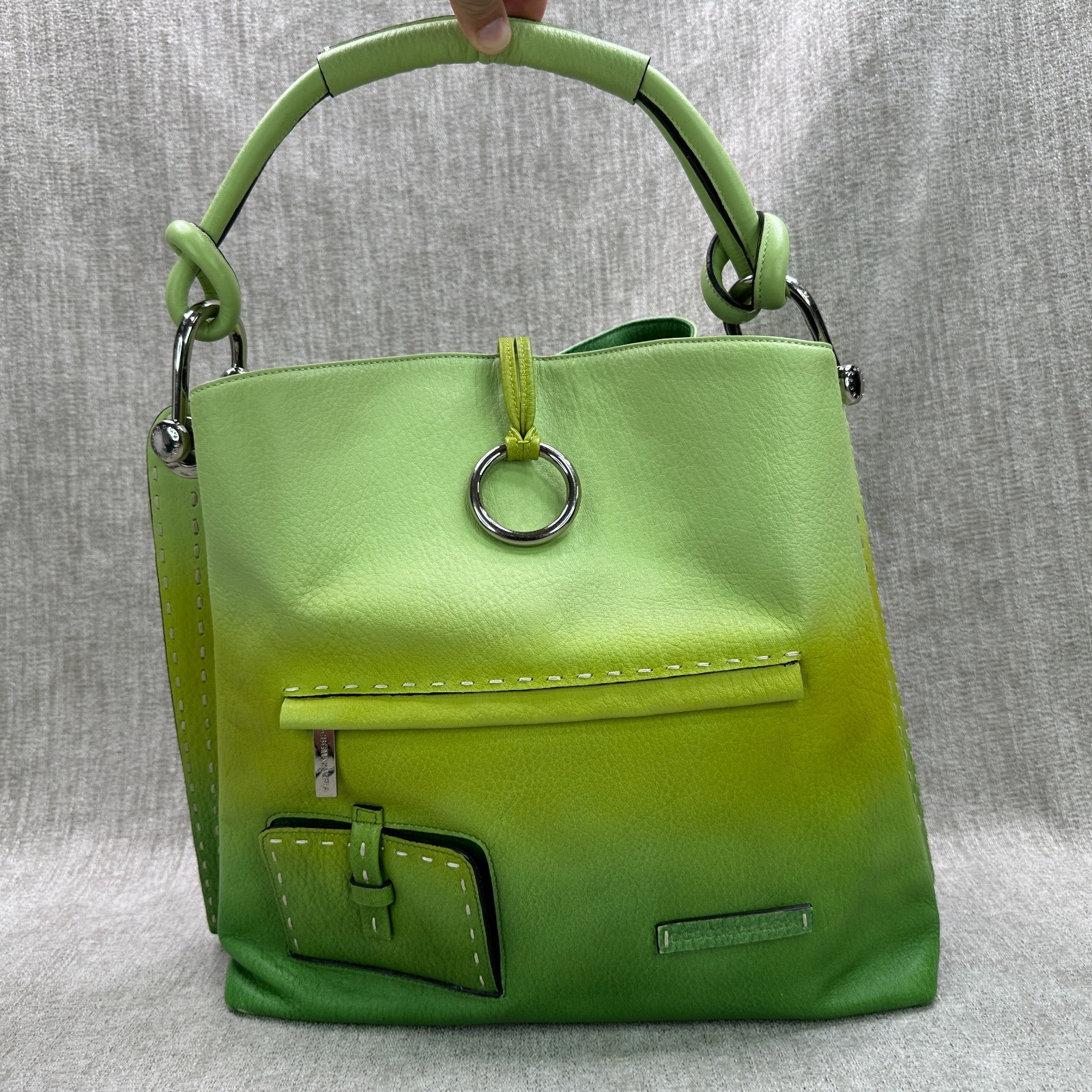 BCBGMaxazria Ombre Green Large Leather Tote Shoulder Bag Colorful Designer Logo