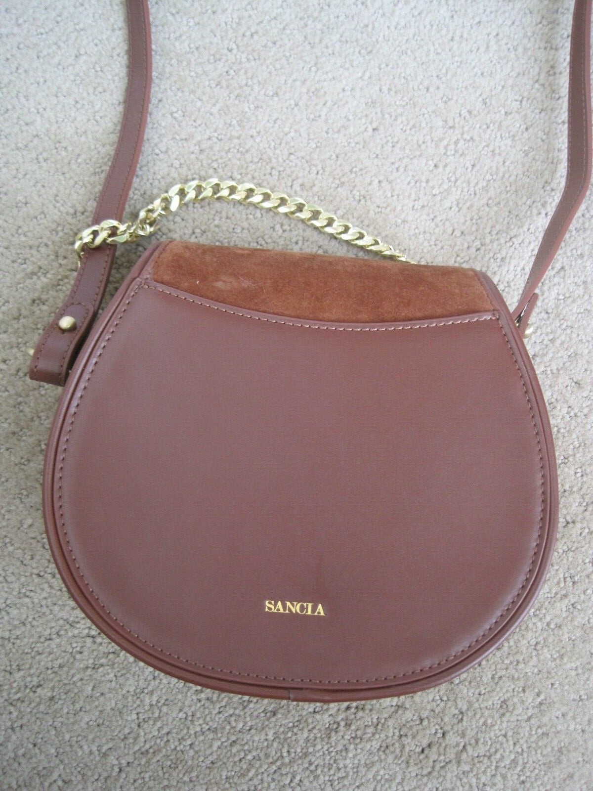 Sancia Brown Swede Leather Purse W/ Gold Chain 7″ x 6.5″ x 3 1/4″ EUC