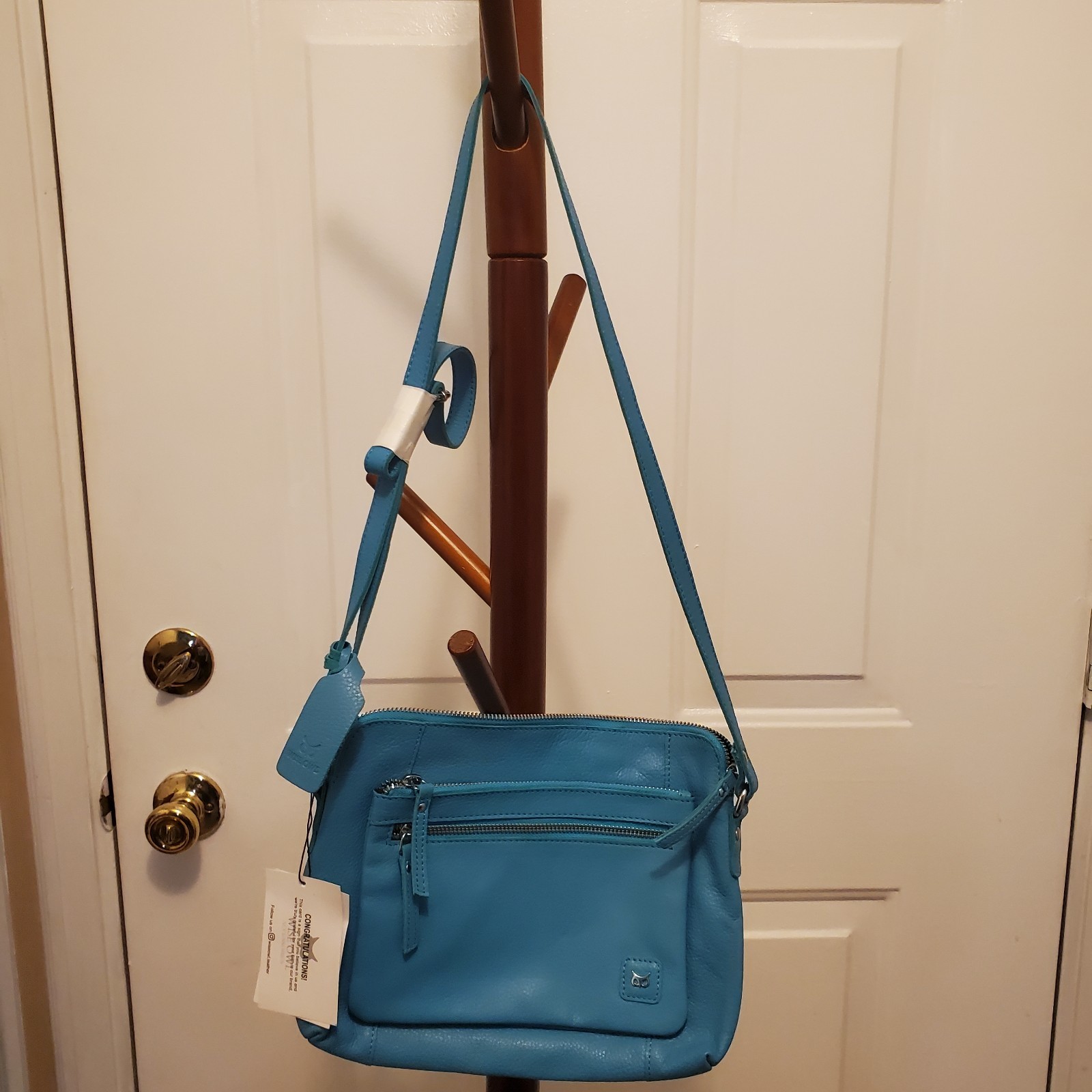 Leather Wise Owl Crossbody teal Bag Purse Adjustable Strap