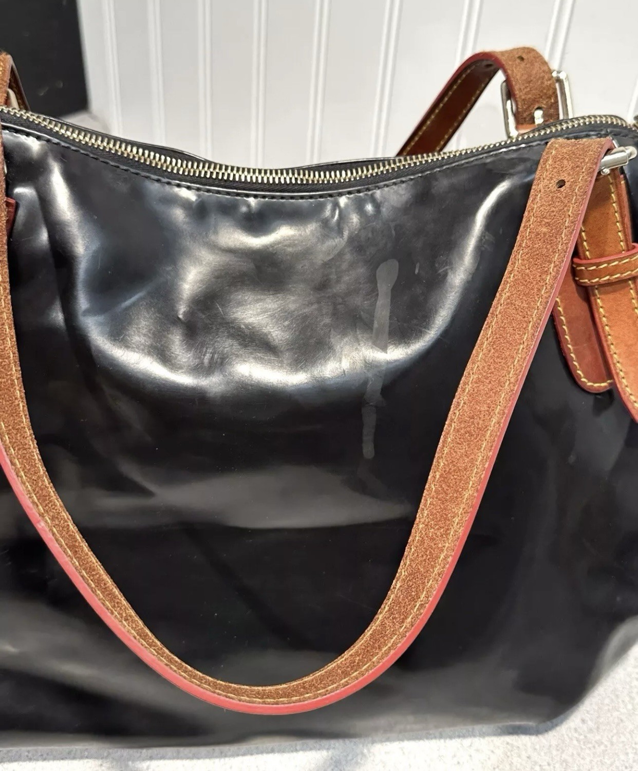 Dooney & Bourke Nina Large Black Patent Leather Satchel With Brown Leather Trim