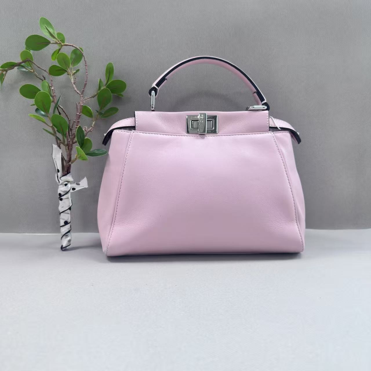 Fendi Peekaboo Light Pink Smooth Leather Silver Twist Lock Top Handle Bag