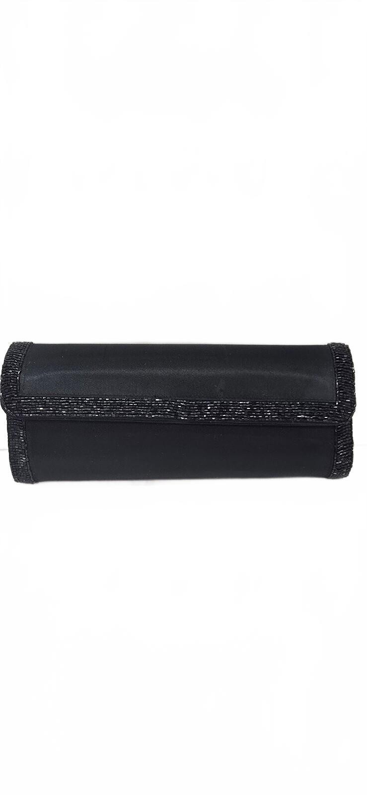 Prestons & York Black Evening Clutch with Beaded Trim and Shoulder Strap