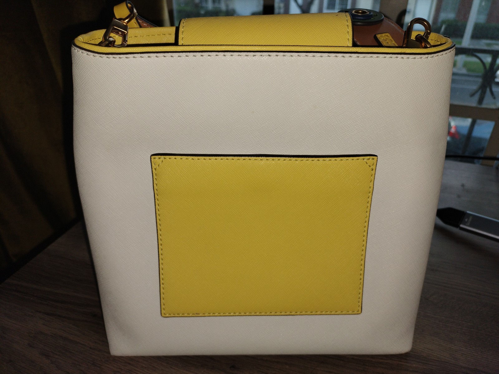 Tory Burch Emerson Novelty Bucket Bag Color Ivory/Brown/Yellow Strap ColorBlock