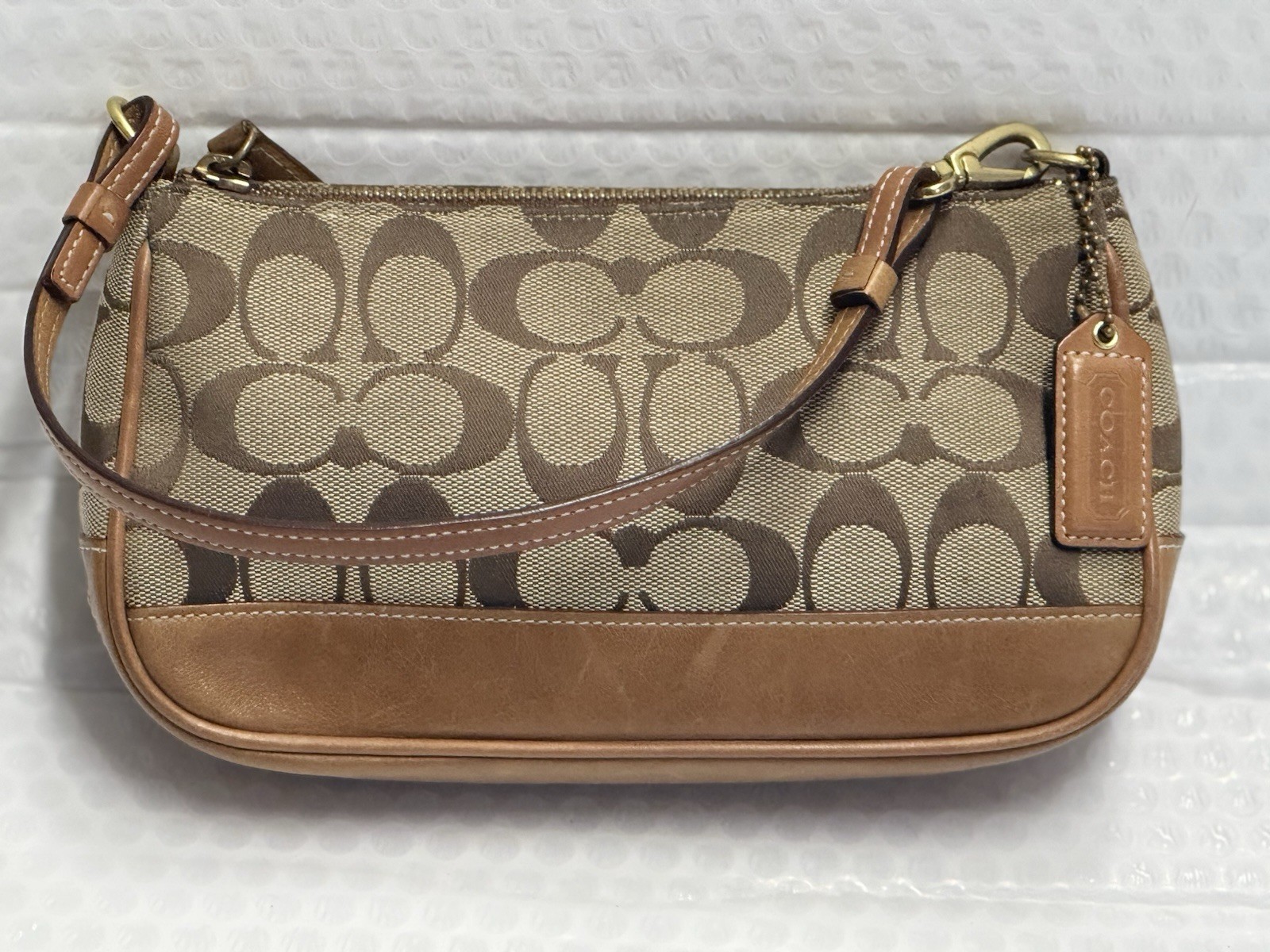 Coach Signature Beige Brown Small Baguette Shoulder Bag Zip Detachable Strap