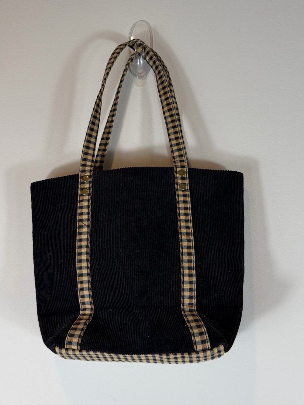 Longaberger Black Corduroy Tote with Tan Check Trim