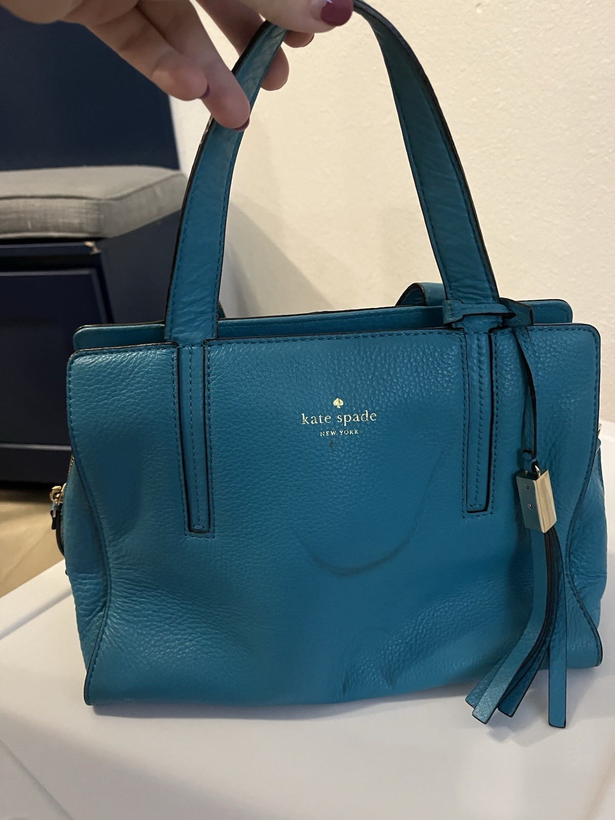 Kate Spade Grey Street Dominique Leather Satchel Crossbody Bag Teal Blue Stained