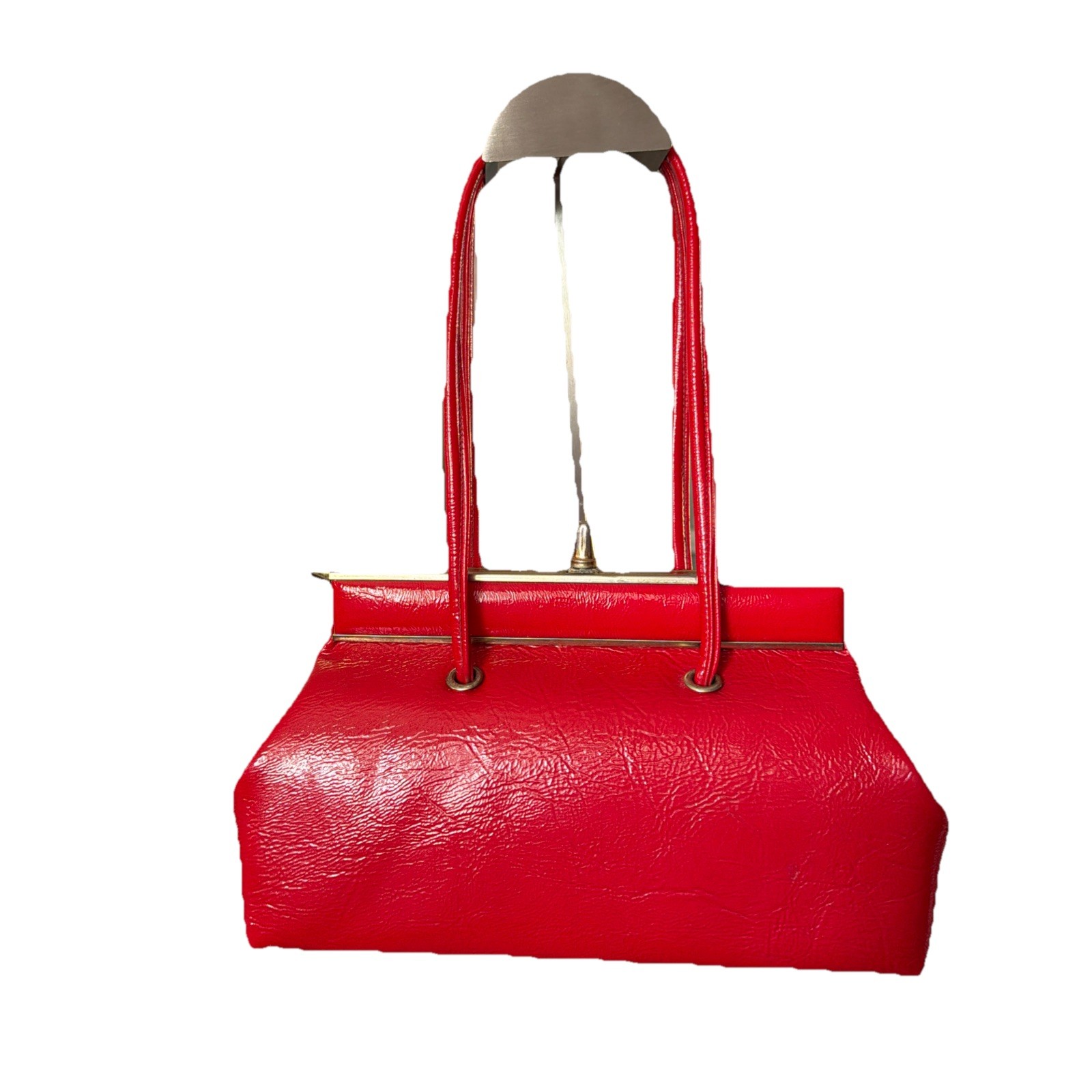 Double Handle Kiss Closure Textured Vinyl 1950s Bright Red Purse Handbag