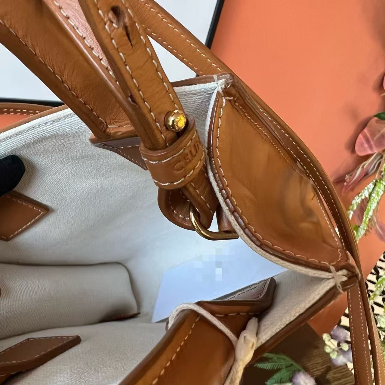 Celine Vertical Cabas Canvas Brown Leather Trim Tote Handbag