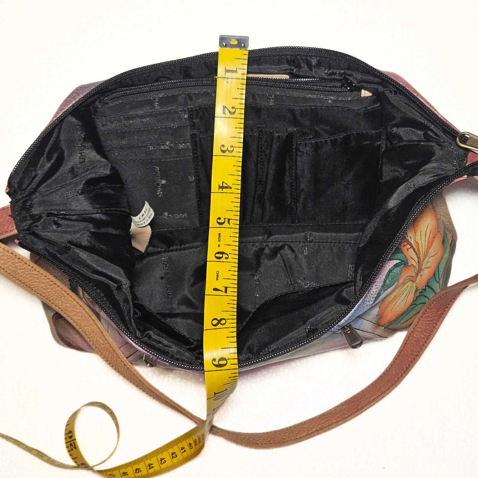 Anushka Hand Painted Leather Hobo Shoulder Bag Zip Pockets Floral Butterfly