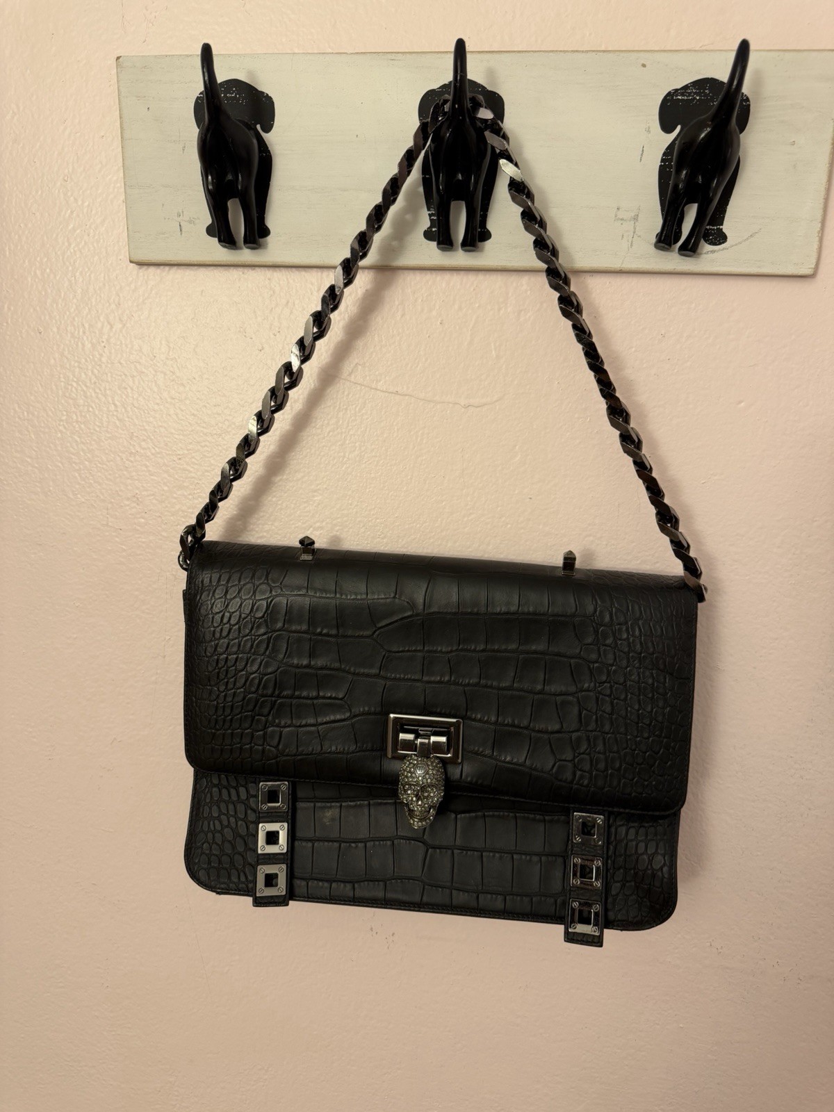 Philipp Plein Black Faux Croc Medium sized Shoulder Bag w/ Chain and hand Strap