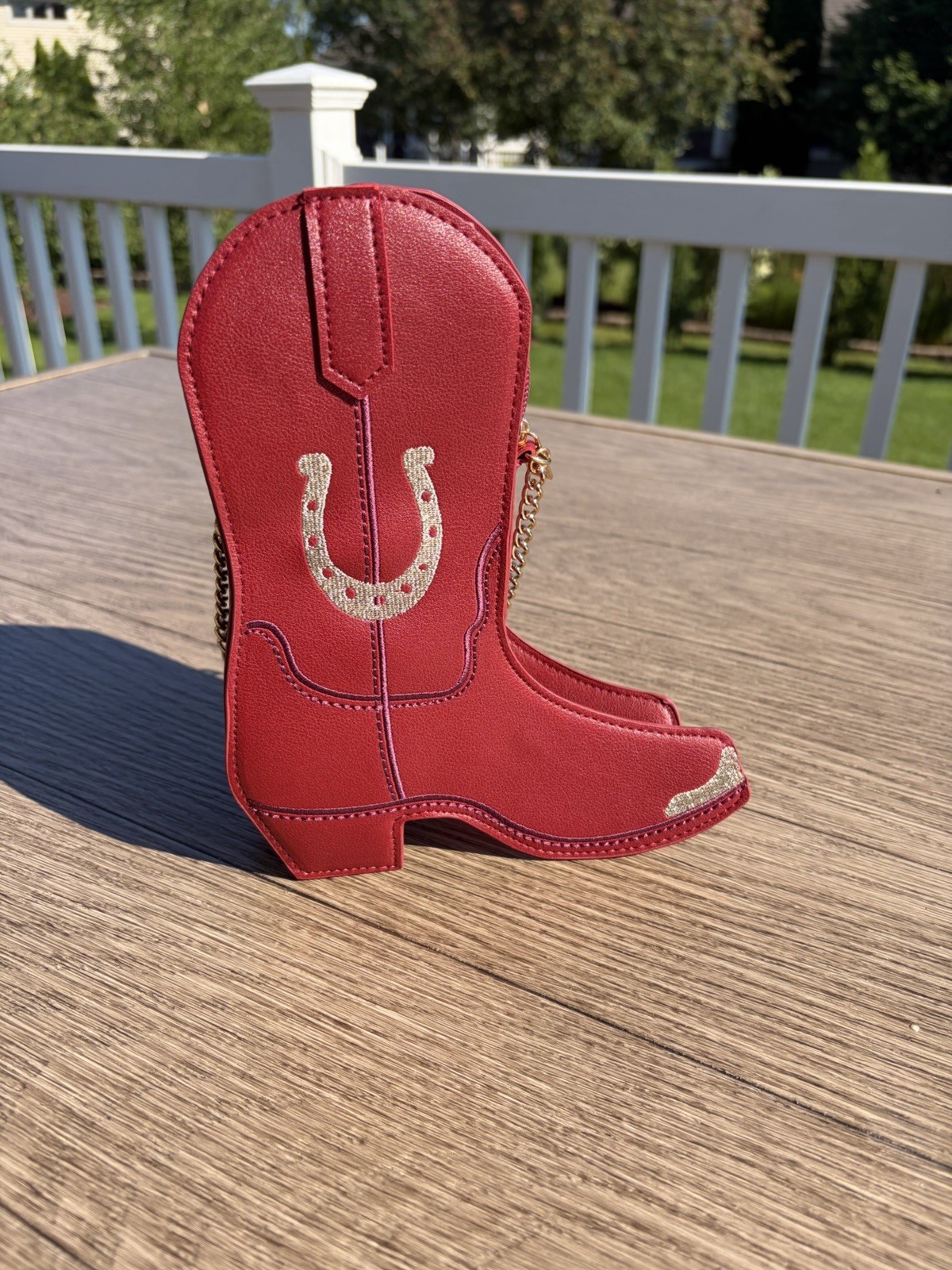 Red Western Cowboy Boot Shape Shoulder Bag Zip Gold Chain Strap Glitter Stitch
