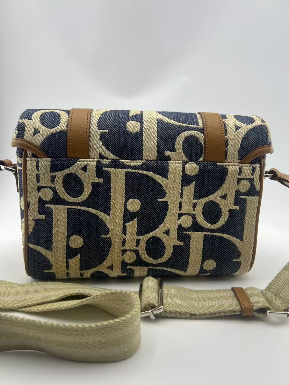 Dior Oblique Jacquard Fabric Leather Messenger Bag Beige