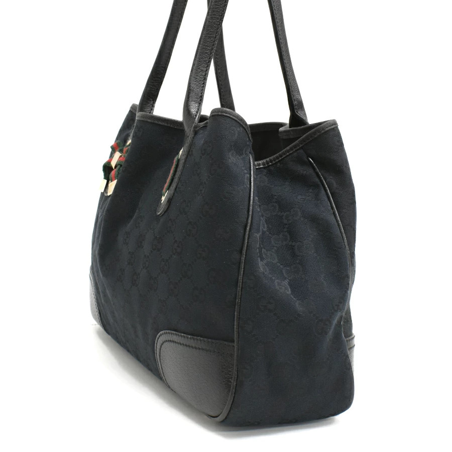 GUCCI 163805 Princy GG Canvas Leather Sherry Line Ribbon Black Tote Bag #PB15822
