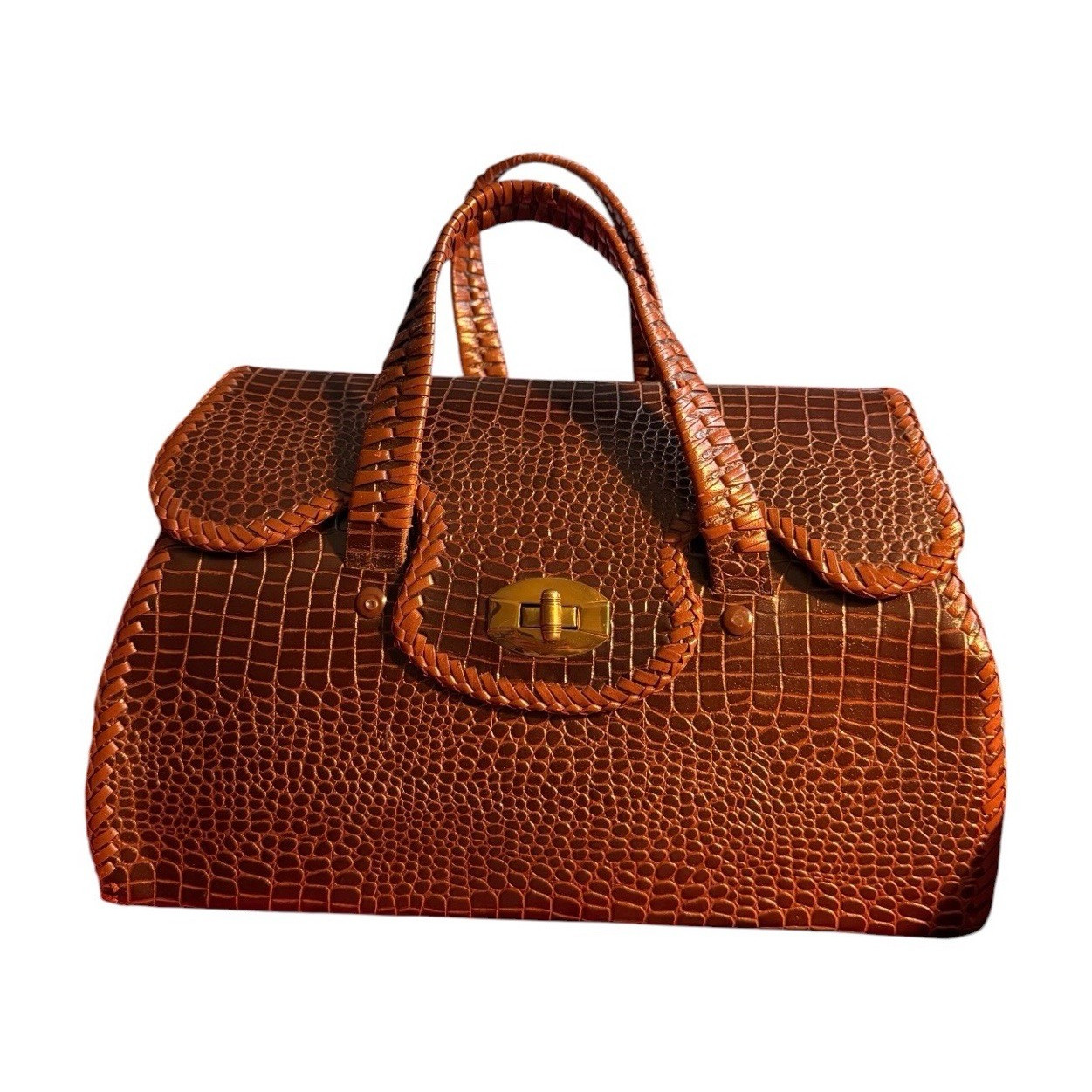 Brown Croc Embossed Rectangle Top Handle Satchel Turn Lock Gold Hardware Pockets