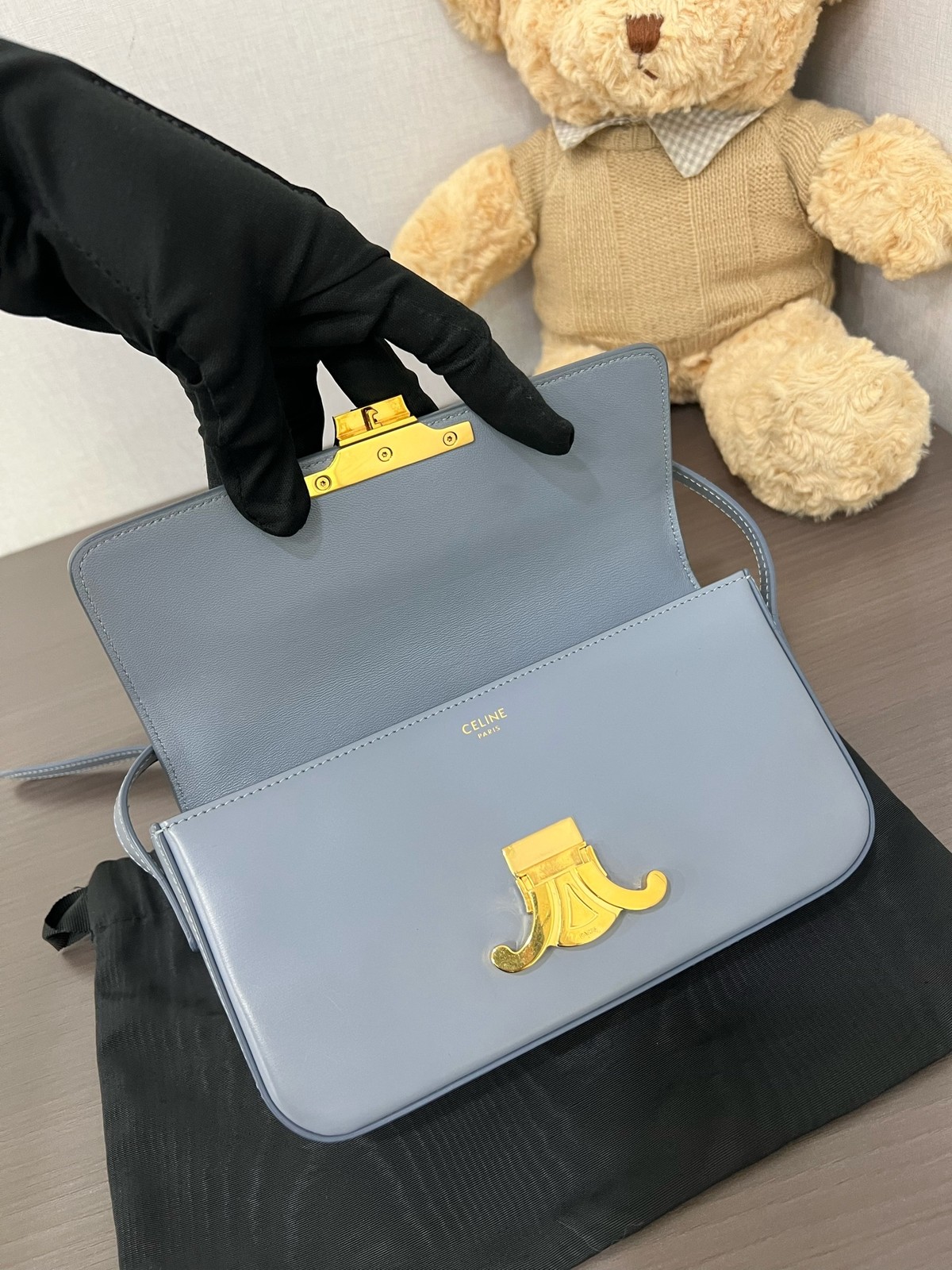 Celine Triomphe Normal Light Blue Calfskin Underarm Shoulder Bag Duty Paid