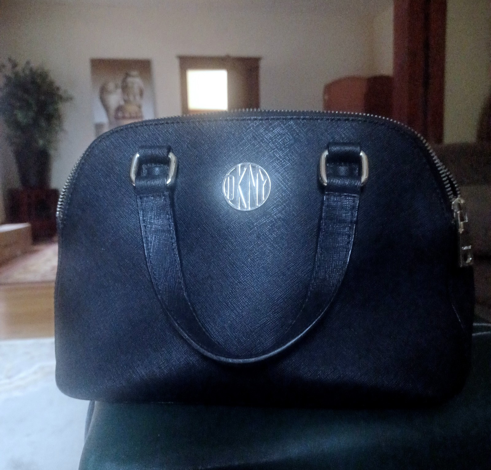 DKNY Black Dome Satchel Top Handle Bag, Zip Closure, Logo Accents, Silver HW